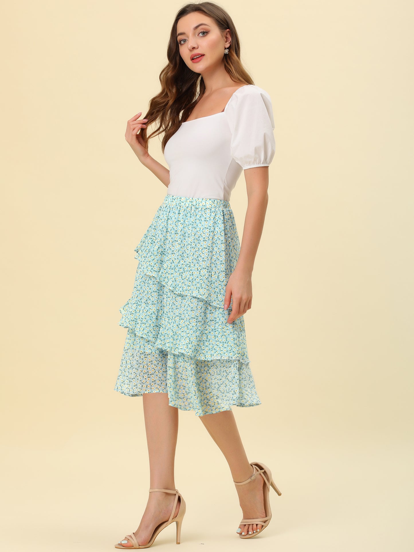 Women's Floral Layered Elastic Waist Chiffon Ruffle Midi Skirt