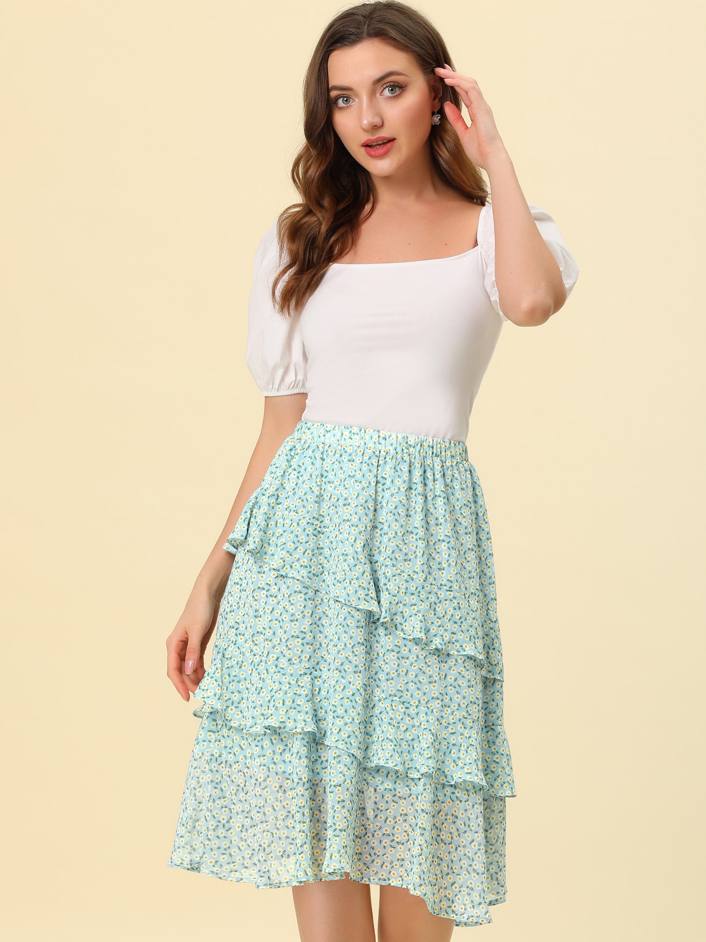 Women's Floral Layered Elastic Waist Chiffon Ruffle Midi Skirt