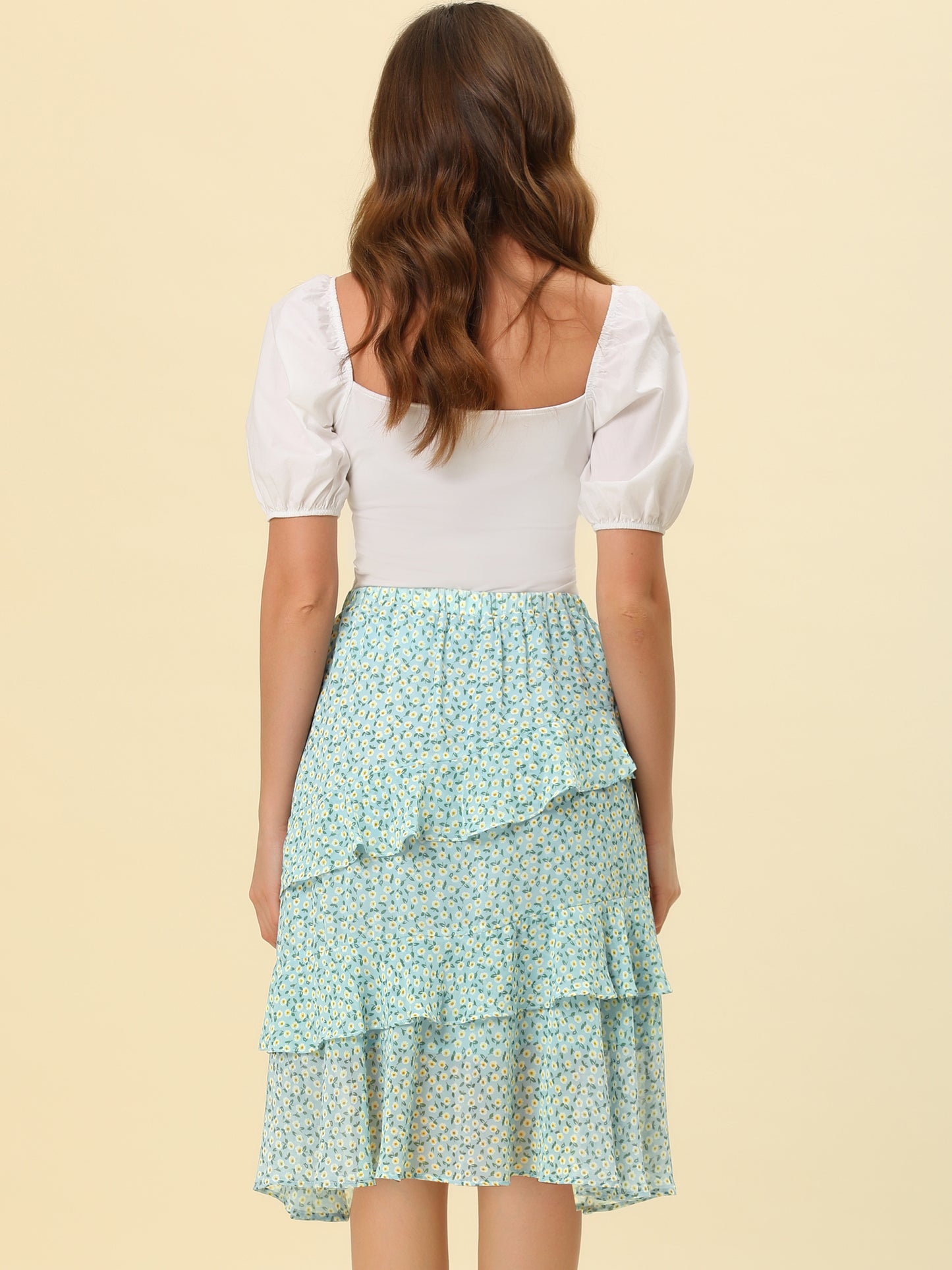 Women's Floral Layered Elastic Waist Chiffon Ruffle Midi Skirt