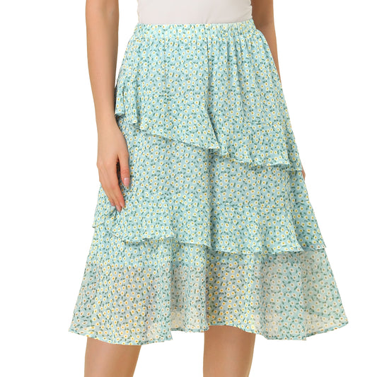 Women's Floral Layered Elastic Waist Chiffon Ruffle Midi Skirt