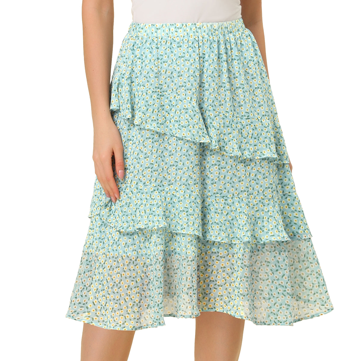 Women's Floral Layered Elastic Waist Chiffon Ruffle Midi Skirt