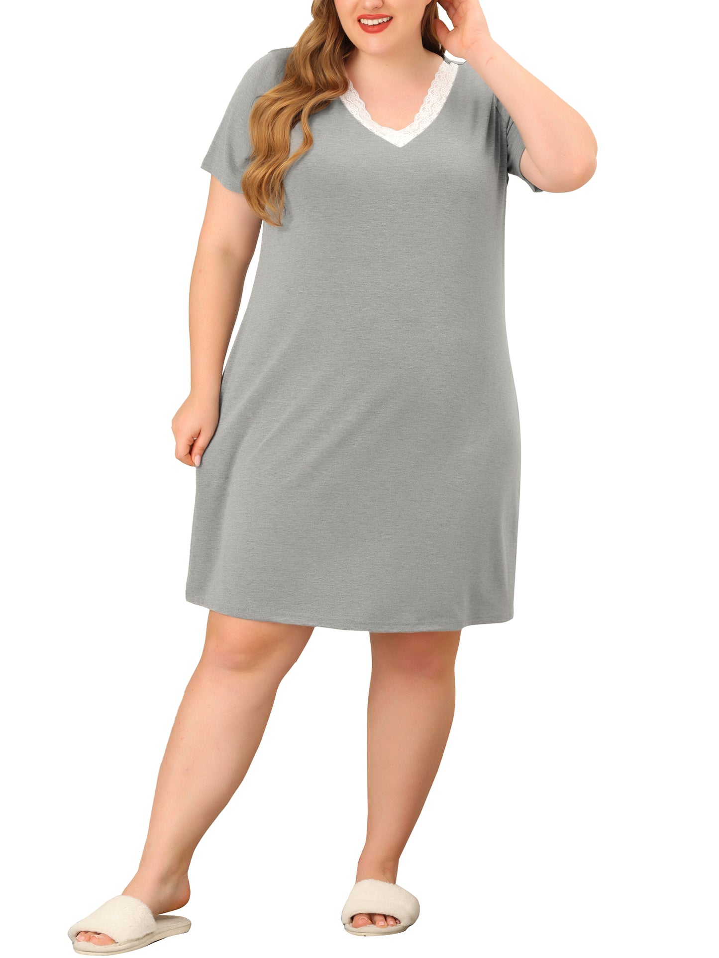 Camisones de talla grande para mujer, con encaje, cuello en V, manga corta, ropa de dormir