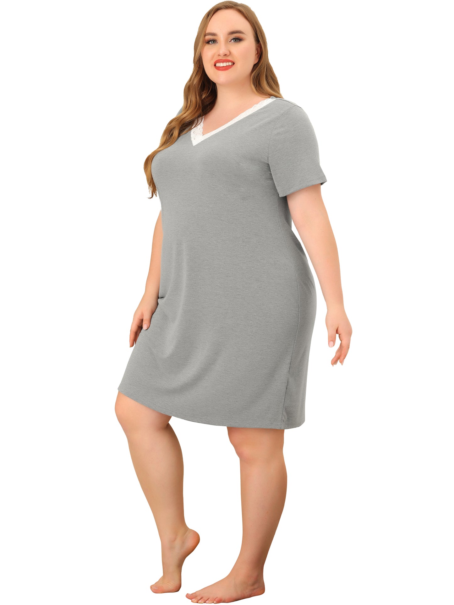 Camisones de talla grande para mujer, con encaje, cuello en V, manga corta, ropa de dormir