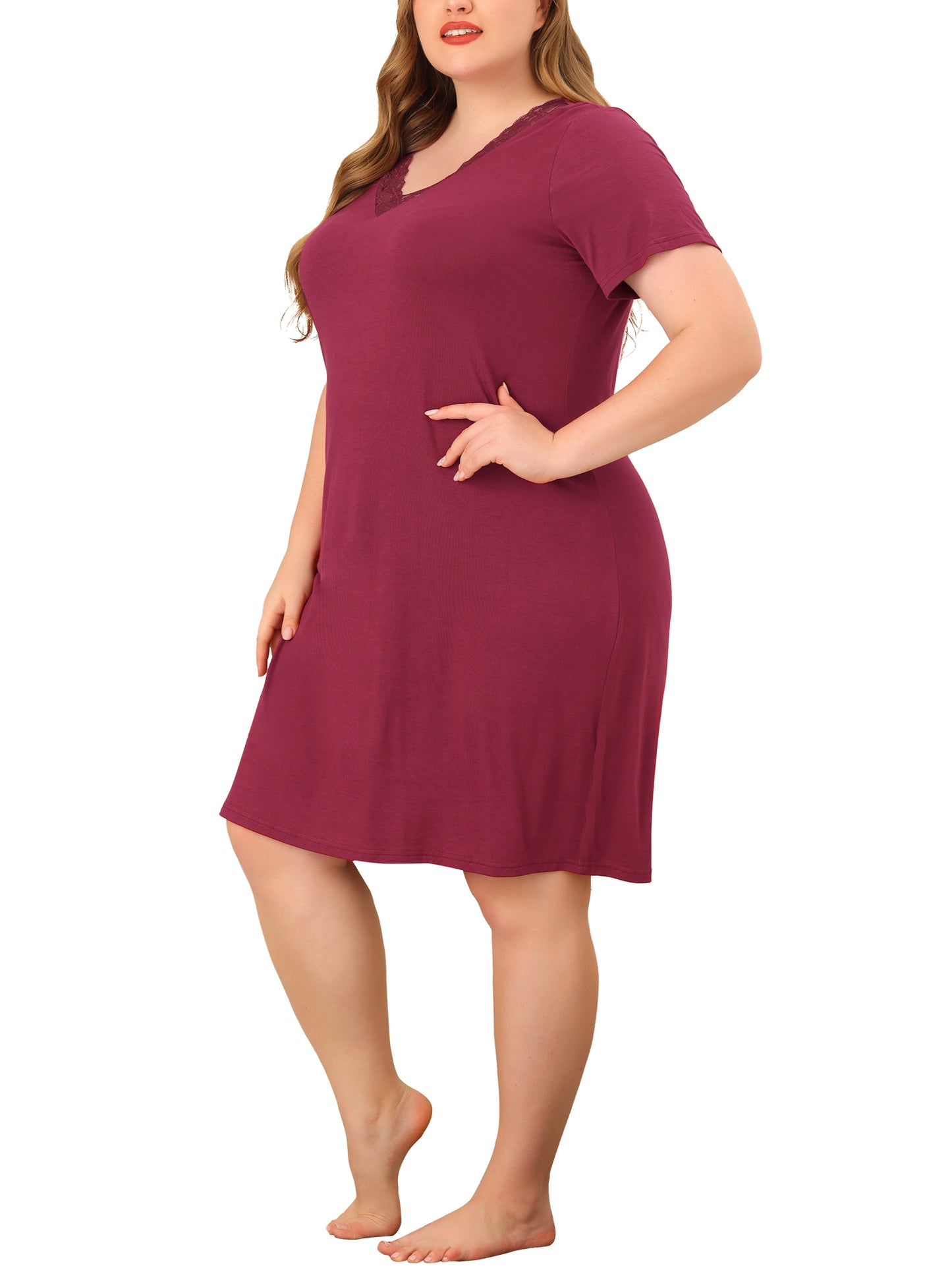 Camisones de talla grande para mujer, con encaje, cuello en V, manga corta, ropa de dormir