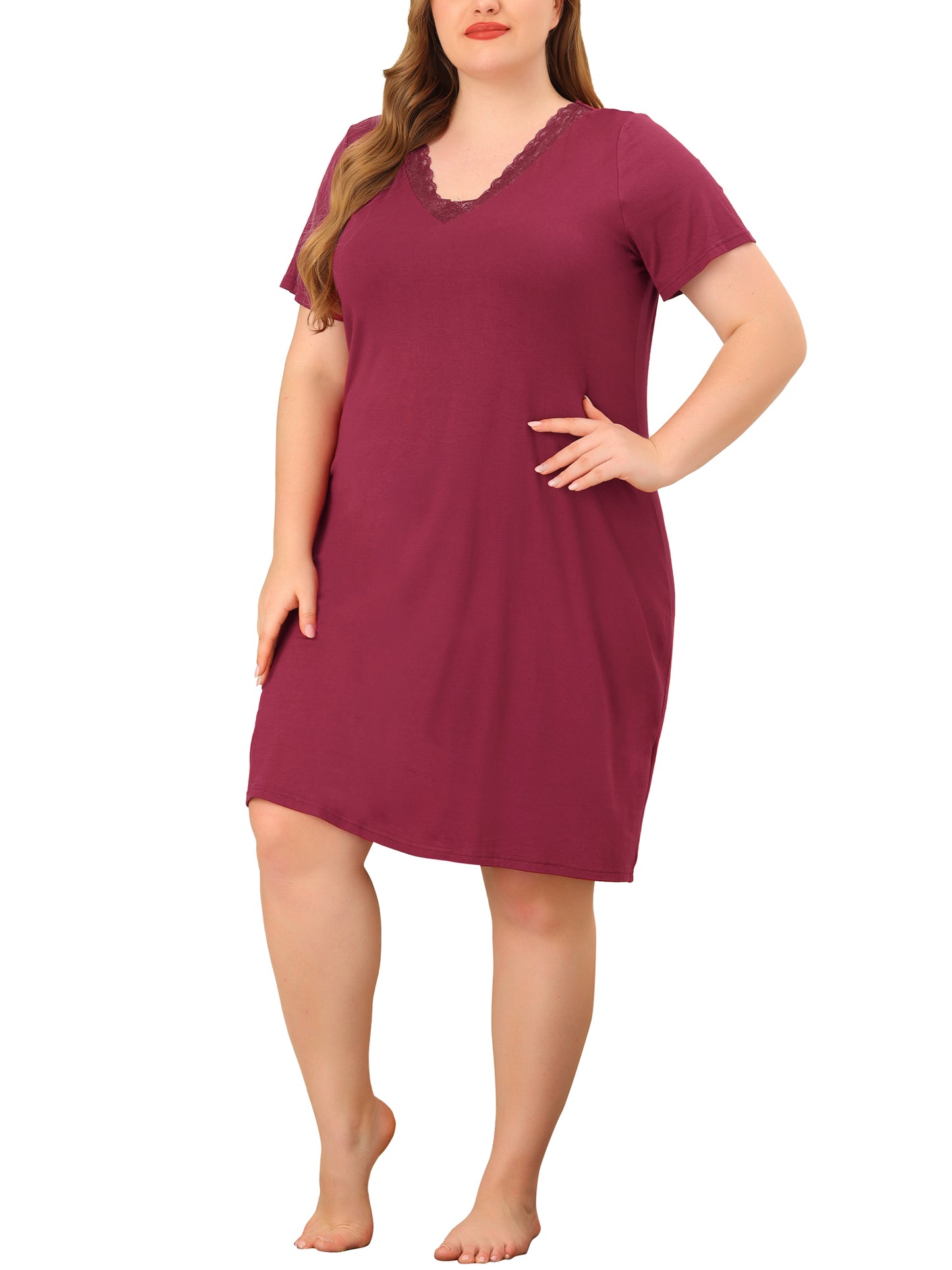 Camisones de talla grande para mujer, con encaje, cuello en V, manga corta, ropa de dormir