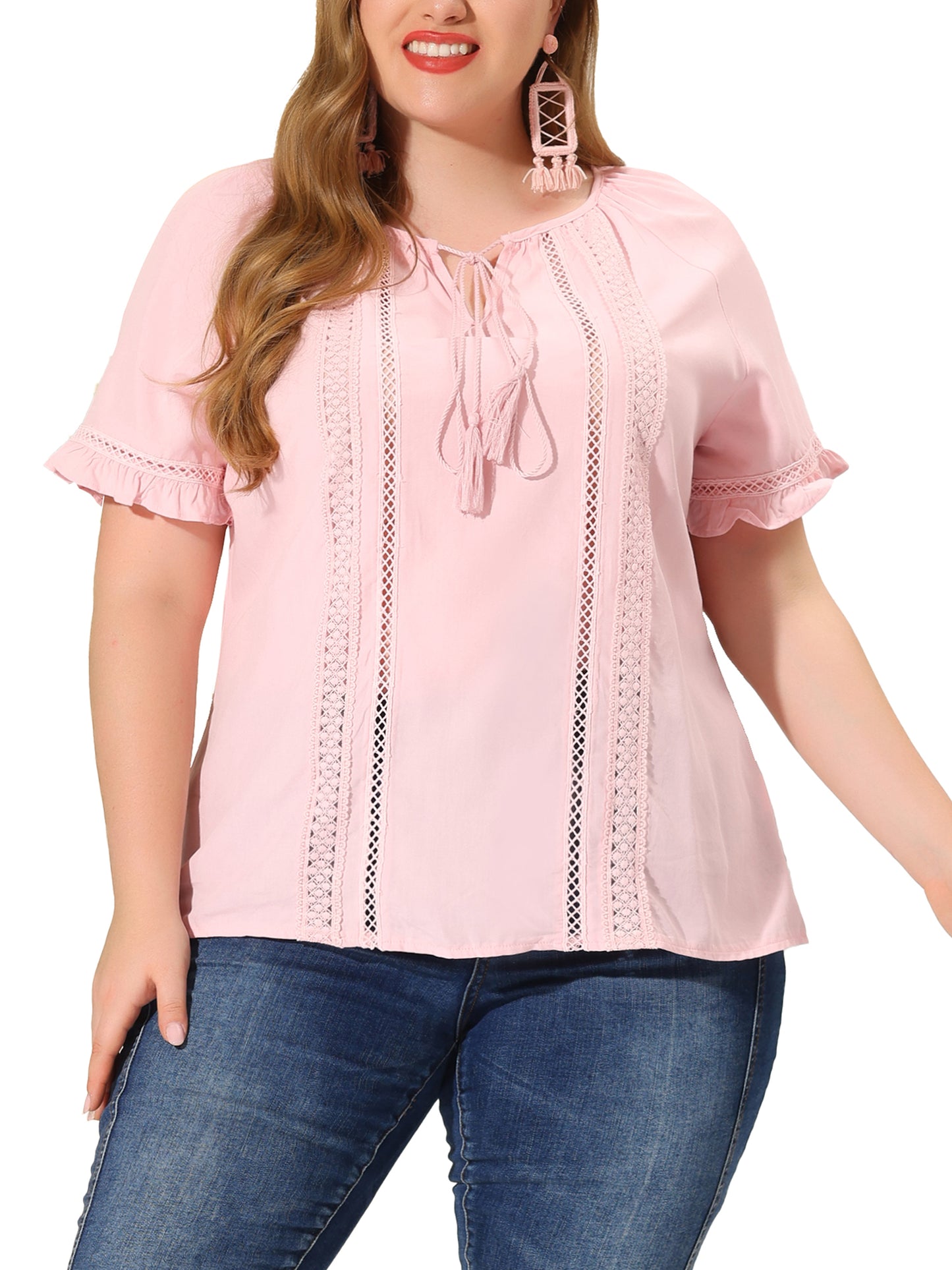 Women Plus Size Blouse Tie Neck Ruffle Short Sleeve Summer Lace Crochet Top