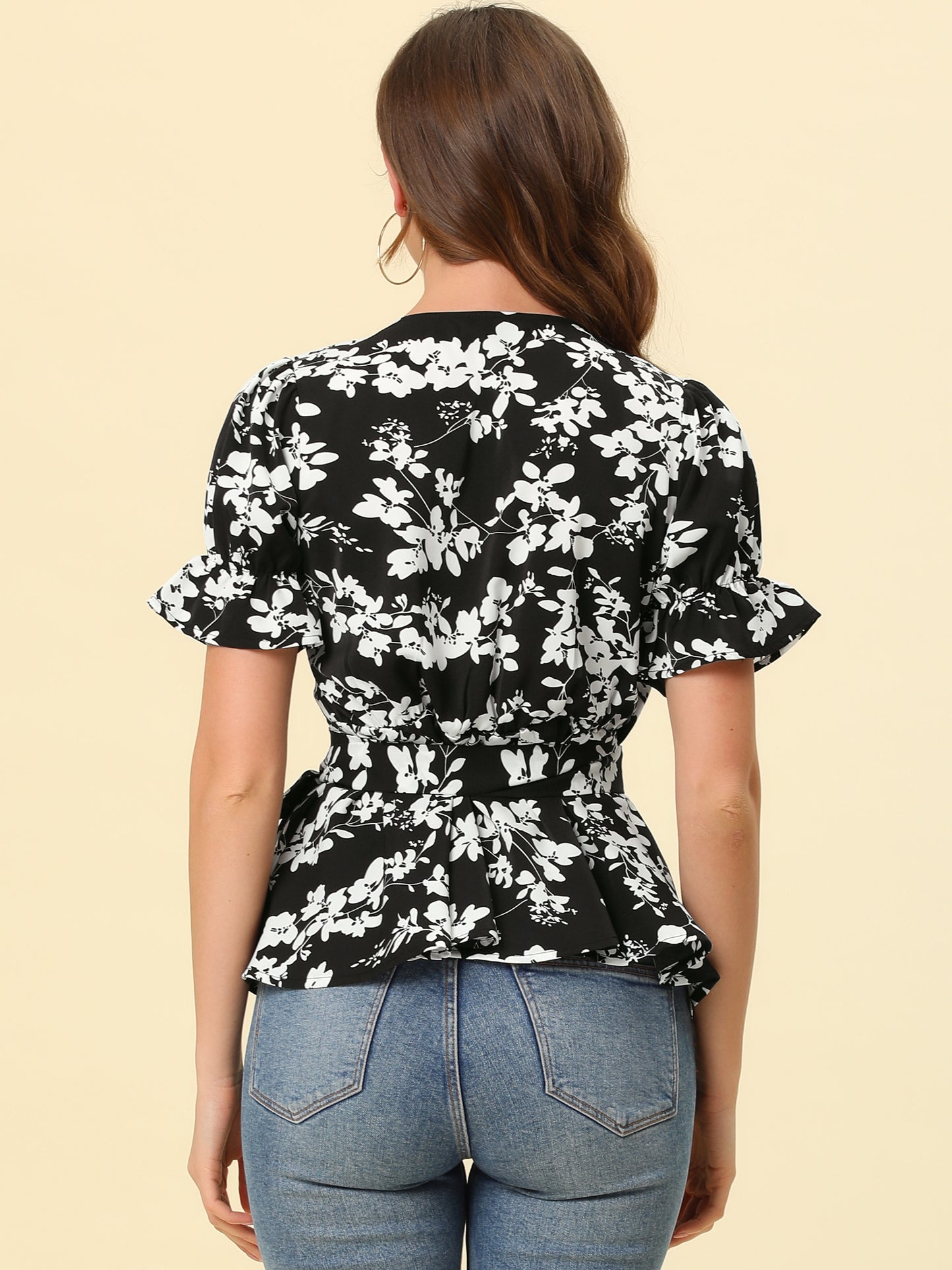 Women's Wrap Blouse Floral Short Sleeve Ruffle V Neck Belted Peplum Top (Available in Plus Size)