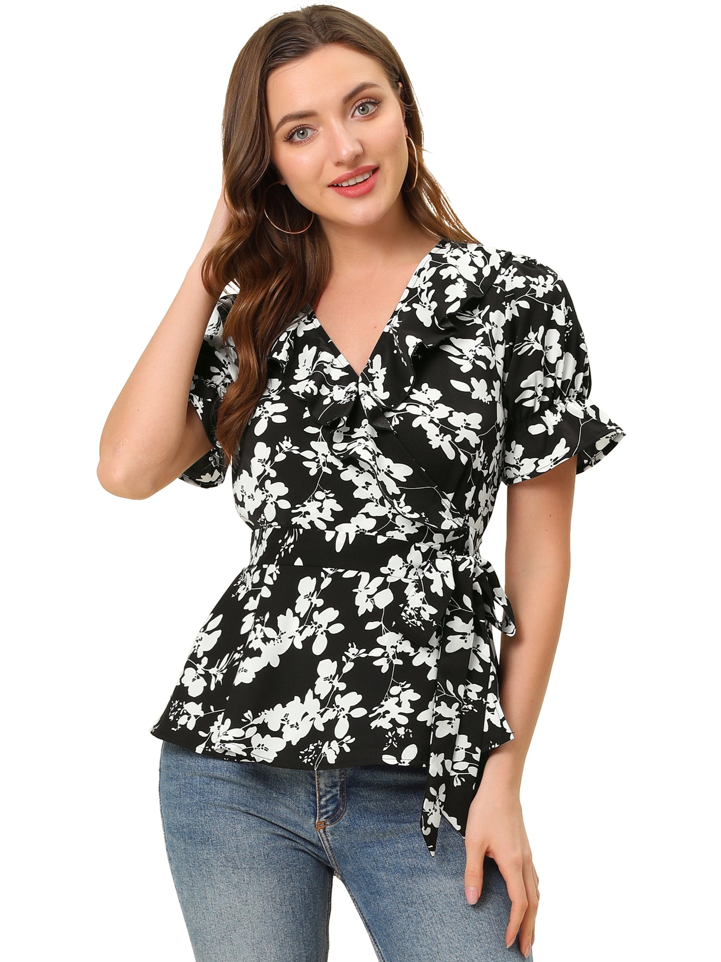 Women's Wrap Blouse Floral Short Sleeve Ruffle V Neck Belted Peplum Top (Available in Plus Size)