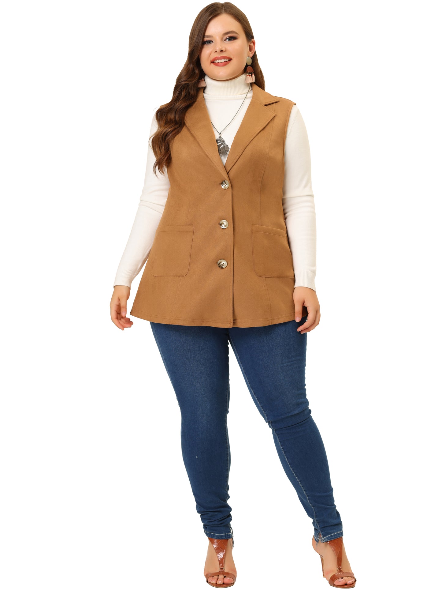 Women Plus Size Utility Vest Lapel Sleeveless Lightweight Suede Vests Jacket
