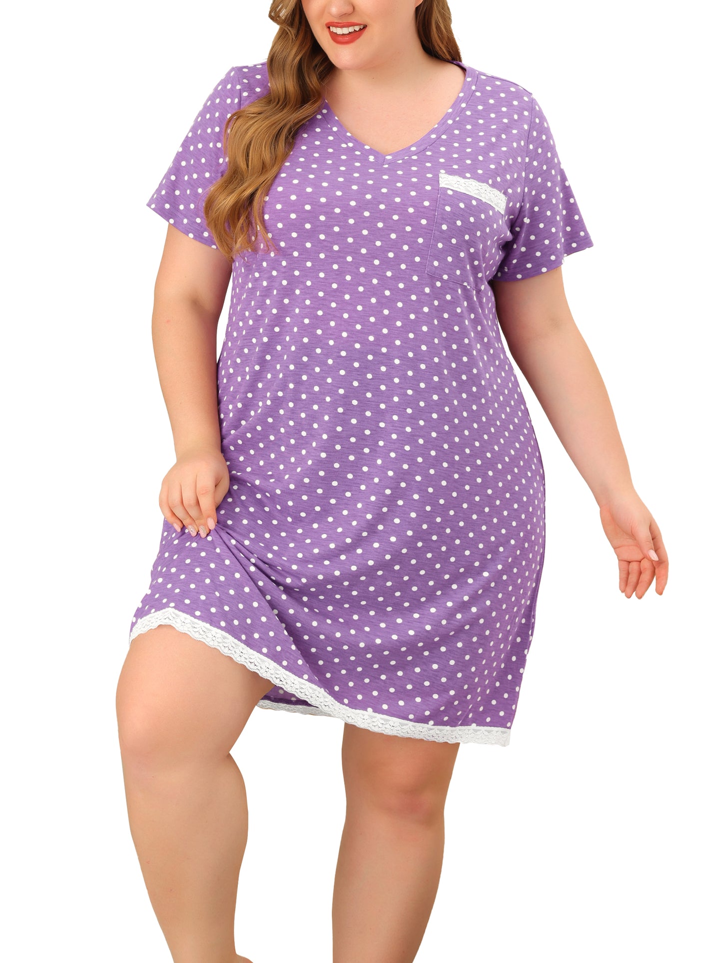 Camisón de talla grande para mujer, ropa de dormir, camisón de manga corta con ribete de encaje, vestido de pijama