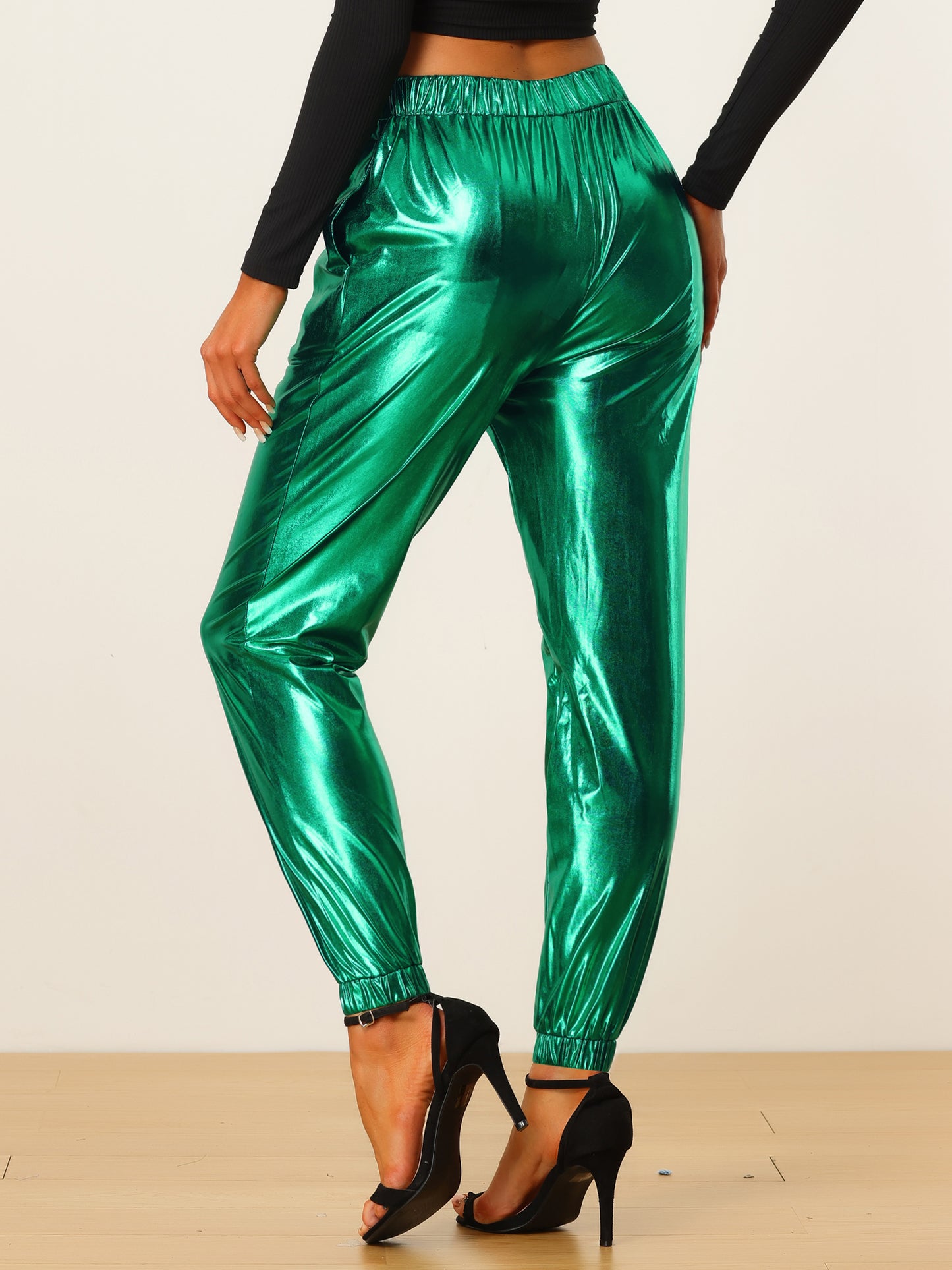Women's Metallic Trousers Festive Shiny Sparkle Elastic Waist Holographic Pants