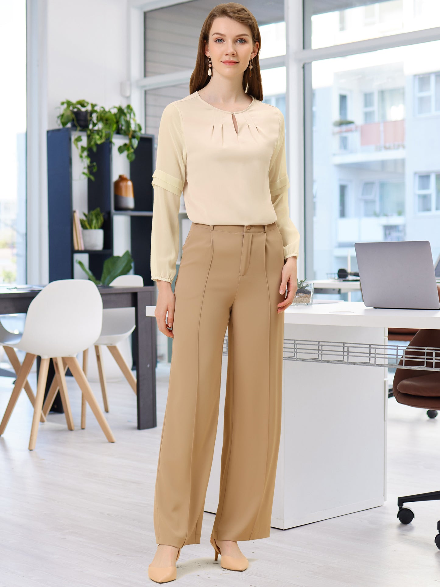 Women's Keyhole Neck Long Sleeve Business Casual Blouse Shirt