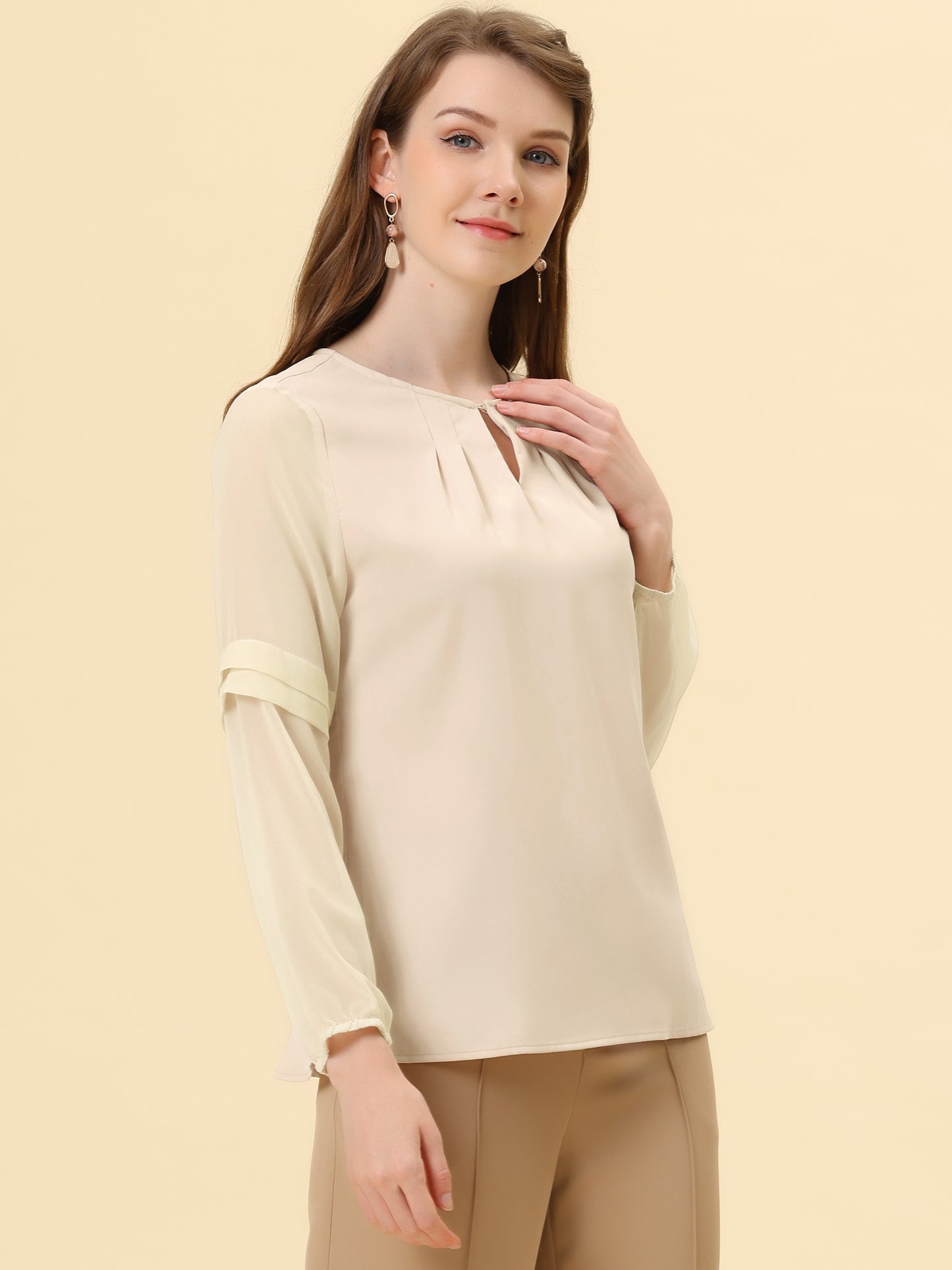 Women's Keyhole Neck Long Sleeve Business Casual Blouse Shirt