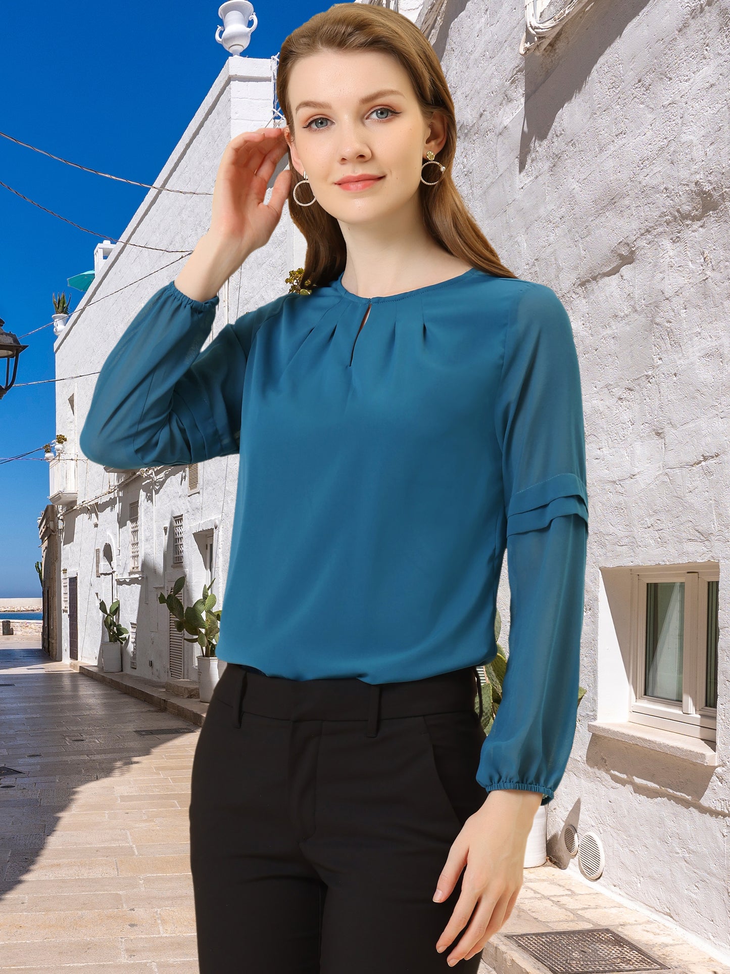 Women's Keyhole Neck Long Sleeve Business Casual Blouse Shirt