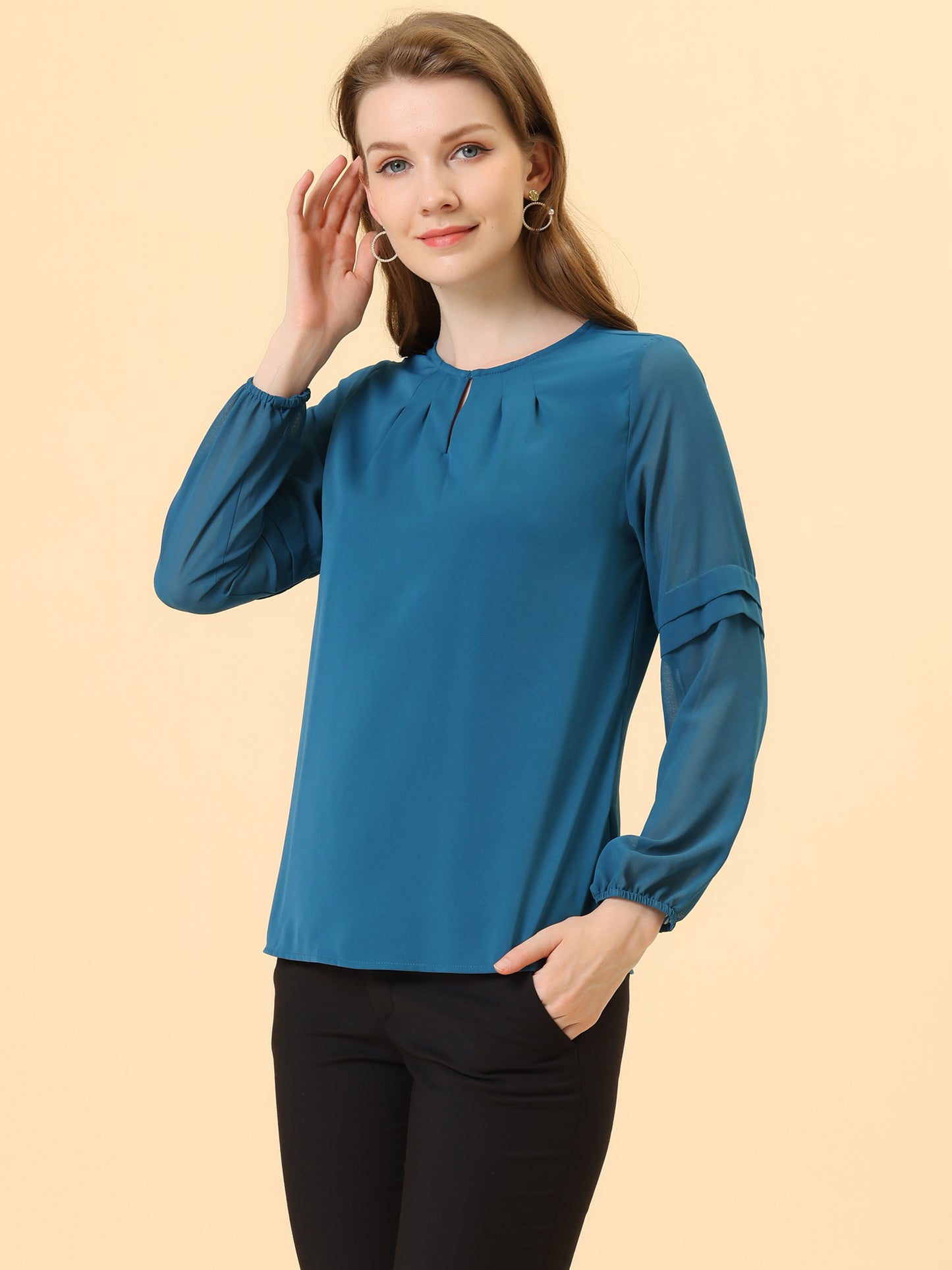Women's Keyhole Neck Long Sleeve Business Casual Blouse Shirt