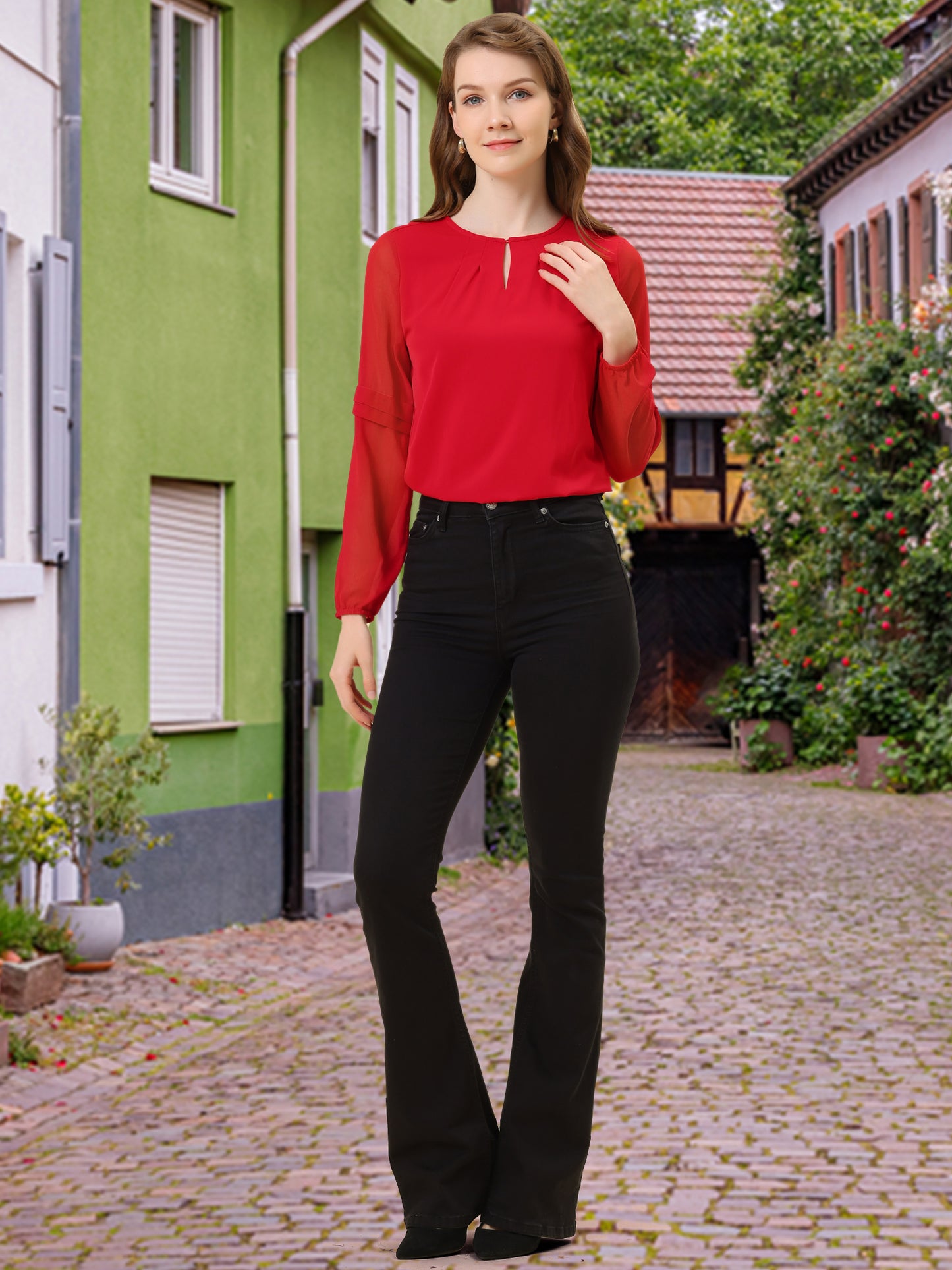 Women's Keyhole Neck Long Sleeve Business Casual Blouse Shirt
