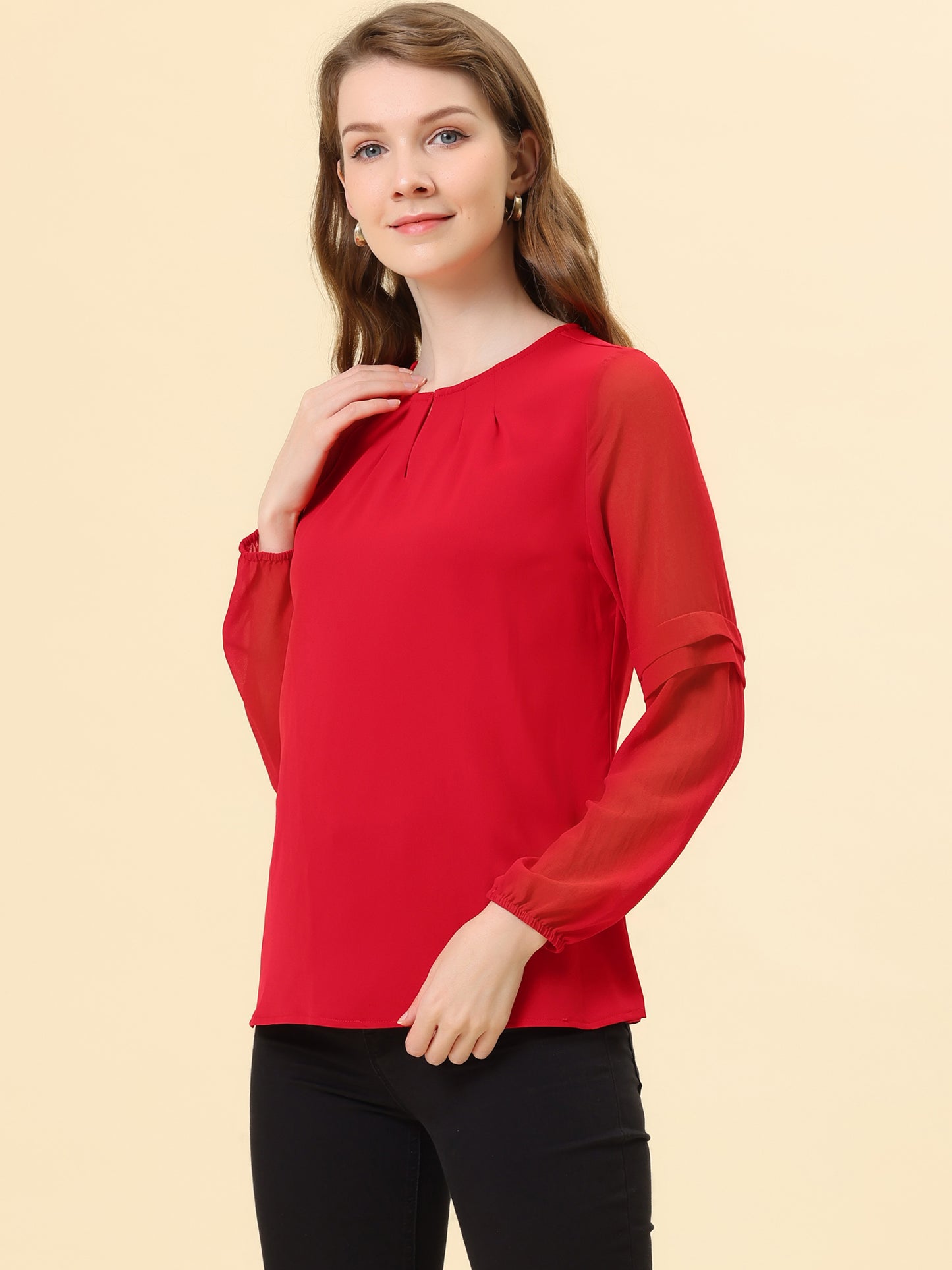 Women's Keyhole Neck Long Sleeve Business Casual Blouse Shirt