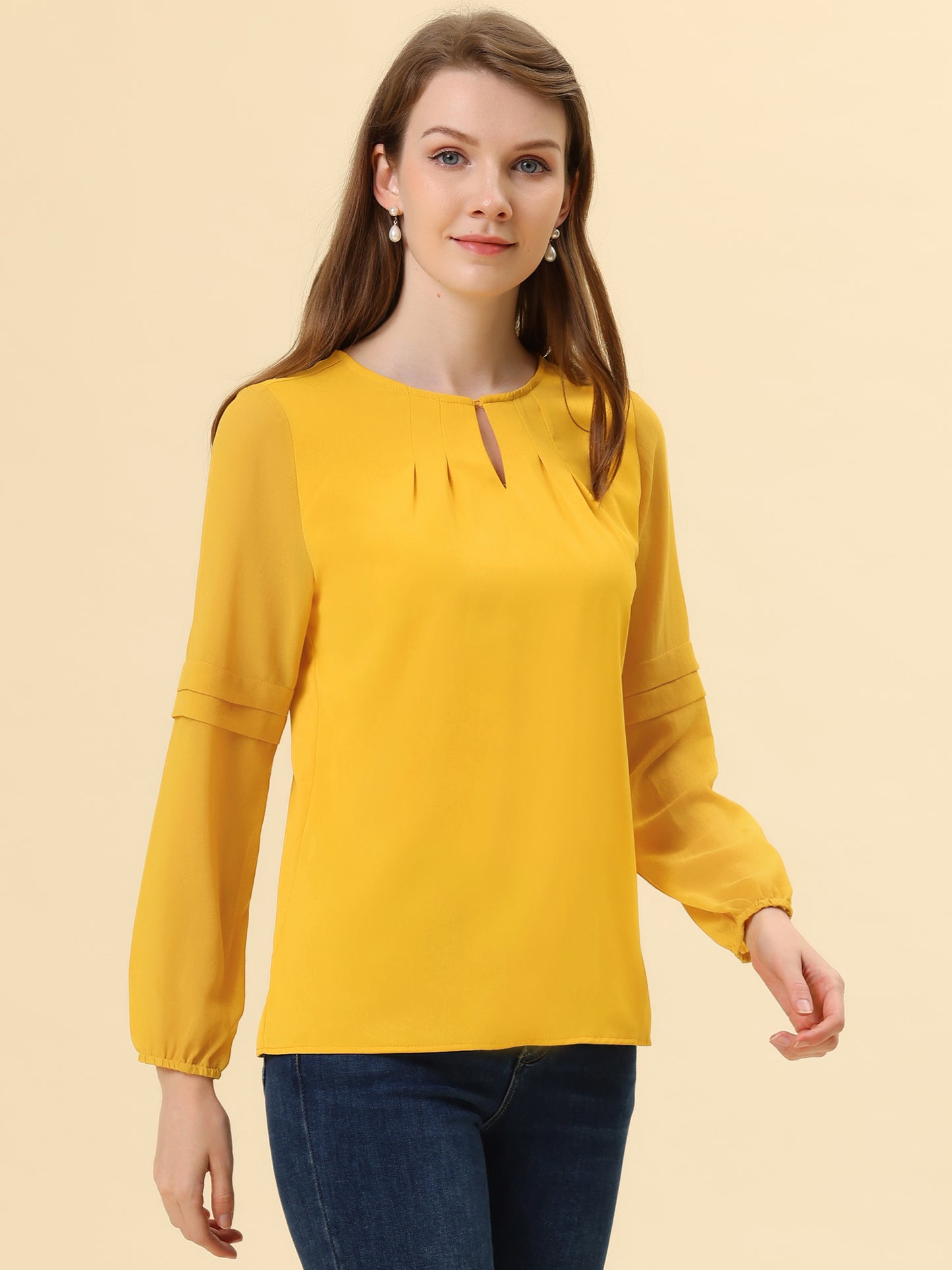 Women's Keyhole Neck Long Sleeve Business Casual Blouse Shirt