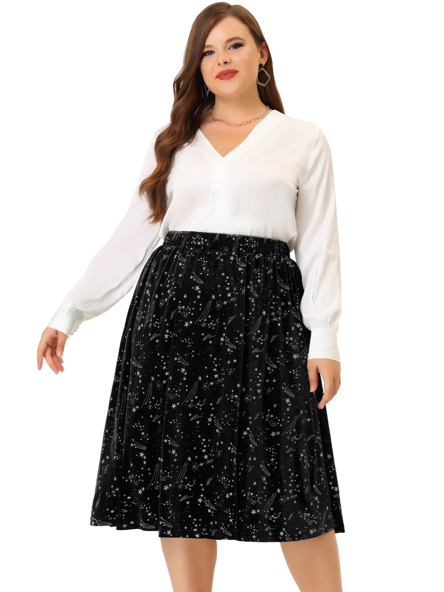 Women Plus Size Velvet Skirts A-Line Elegant Knee Length Sequin Flare Skirt