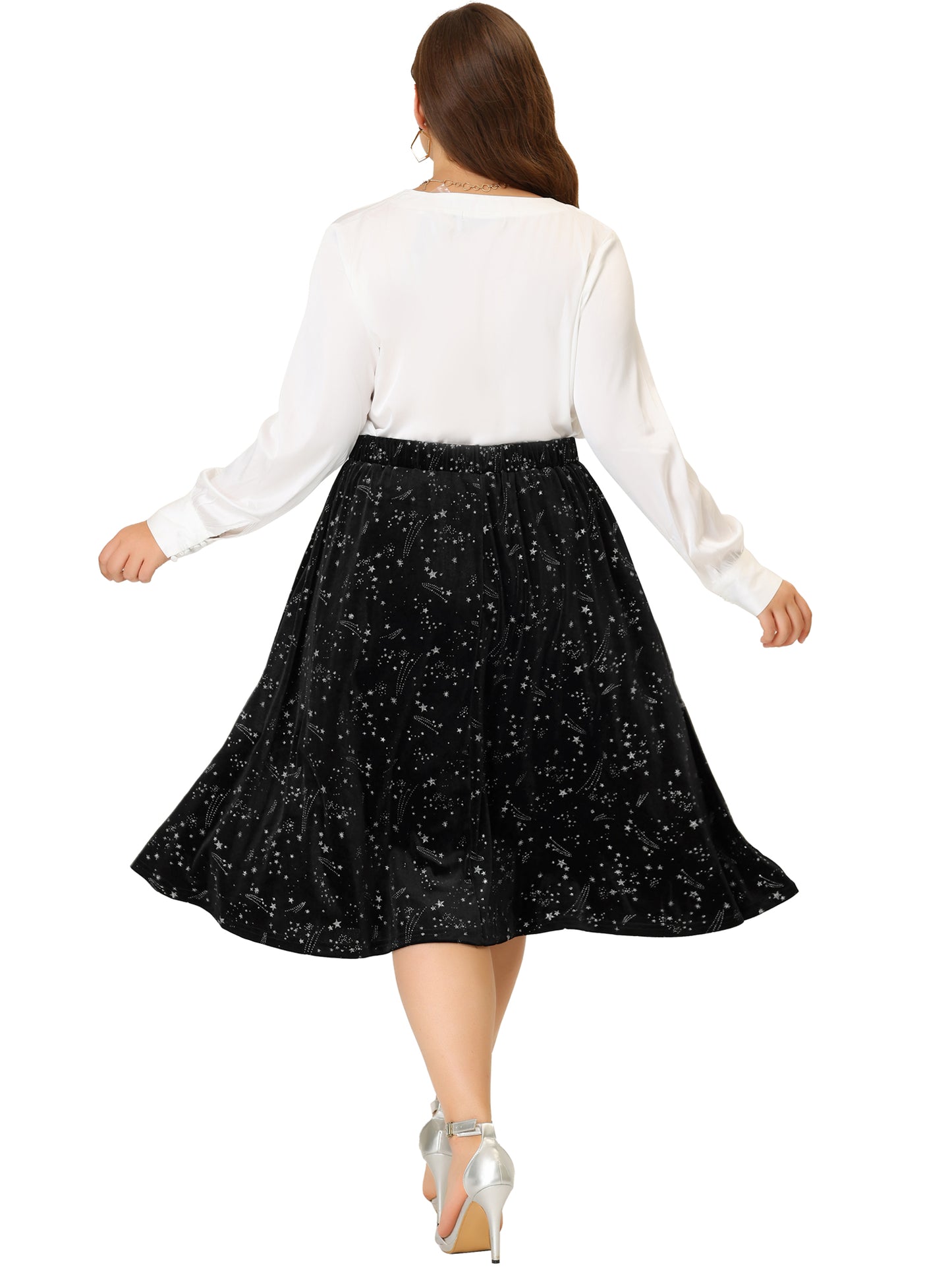 Women Plus Size Velvet Skirts A-Line Elegant Knee Length Sequin Flare Skirt
