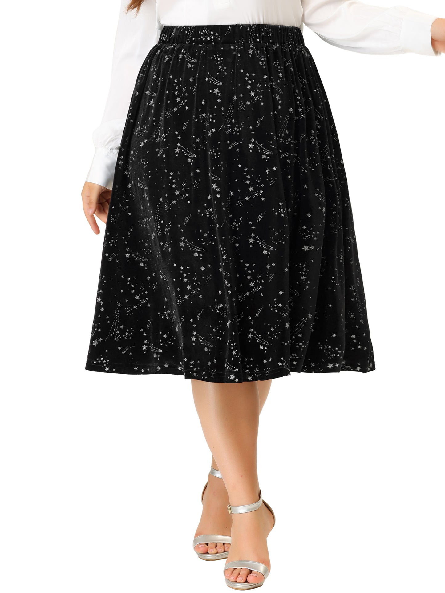 Women Plus Size Velvet Skirts A-Line Elegant Knee Length Sequin Flare Skirt