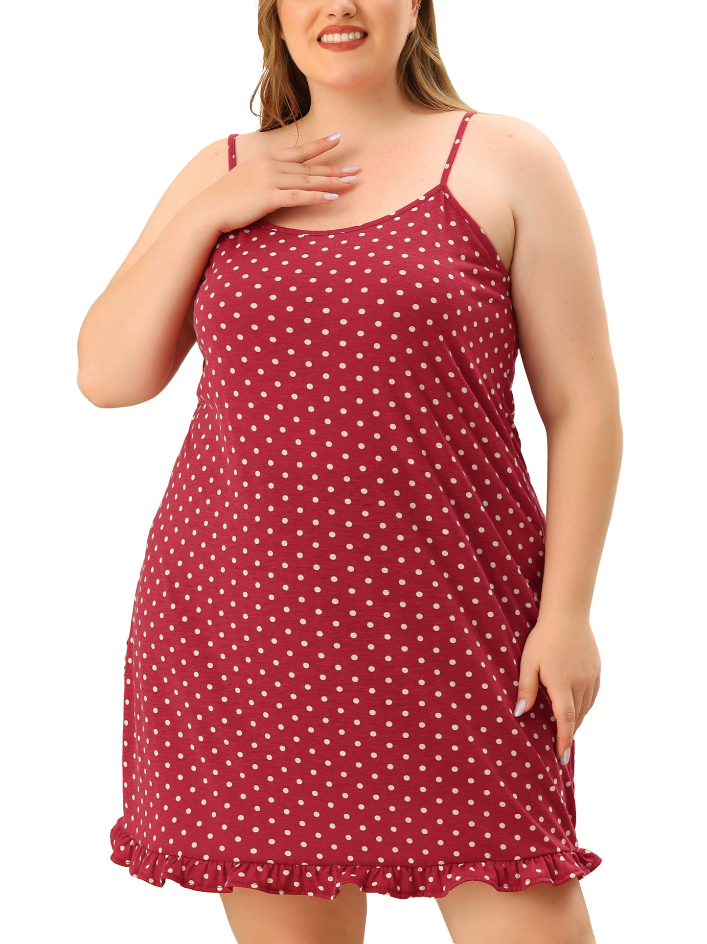 Women Plus Size Nightgown Sleeveless Sleepwear Polka Dots Ruffle Hem Cami Nightshirt