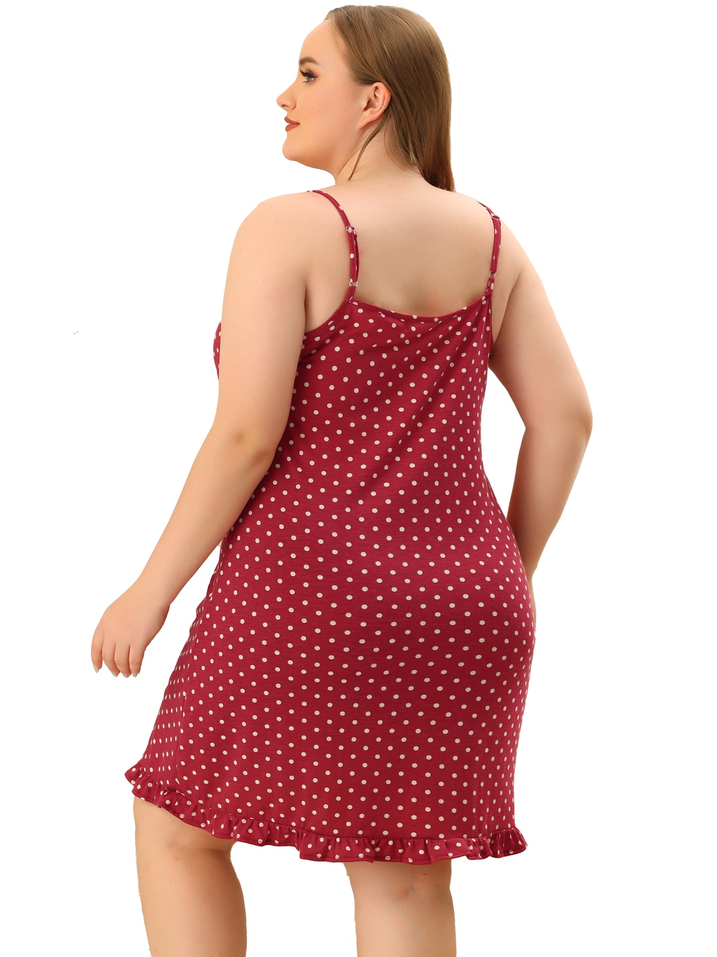 Women Plus Size Nightgown Sleeveless Sleepwear Polka Dots Ruffle Hem Cami Nightshirt