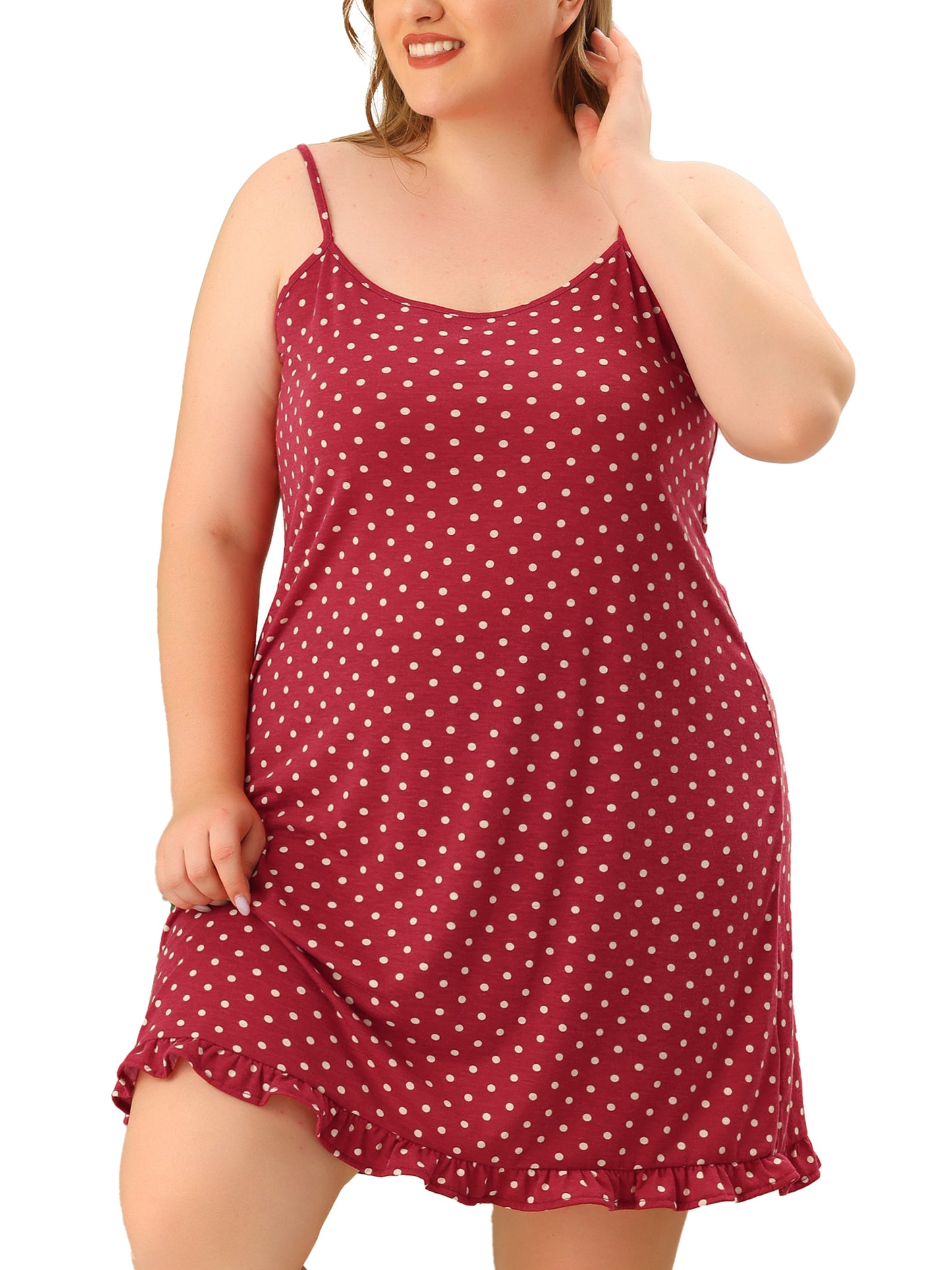 Women Plus Size Nightgown Sleeveless Sleepwear Polka Dots Ruffle Hem Cami Nightshirt