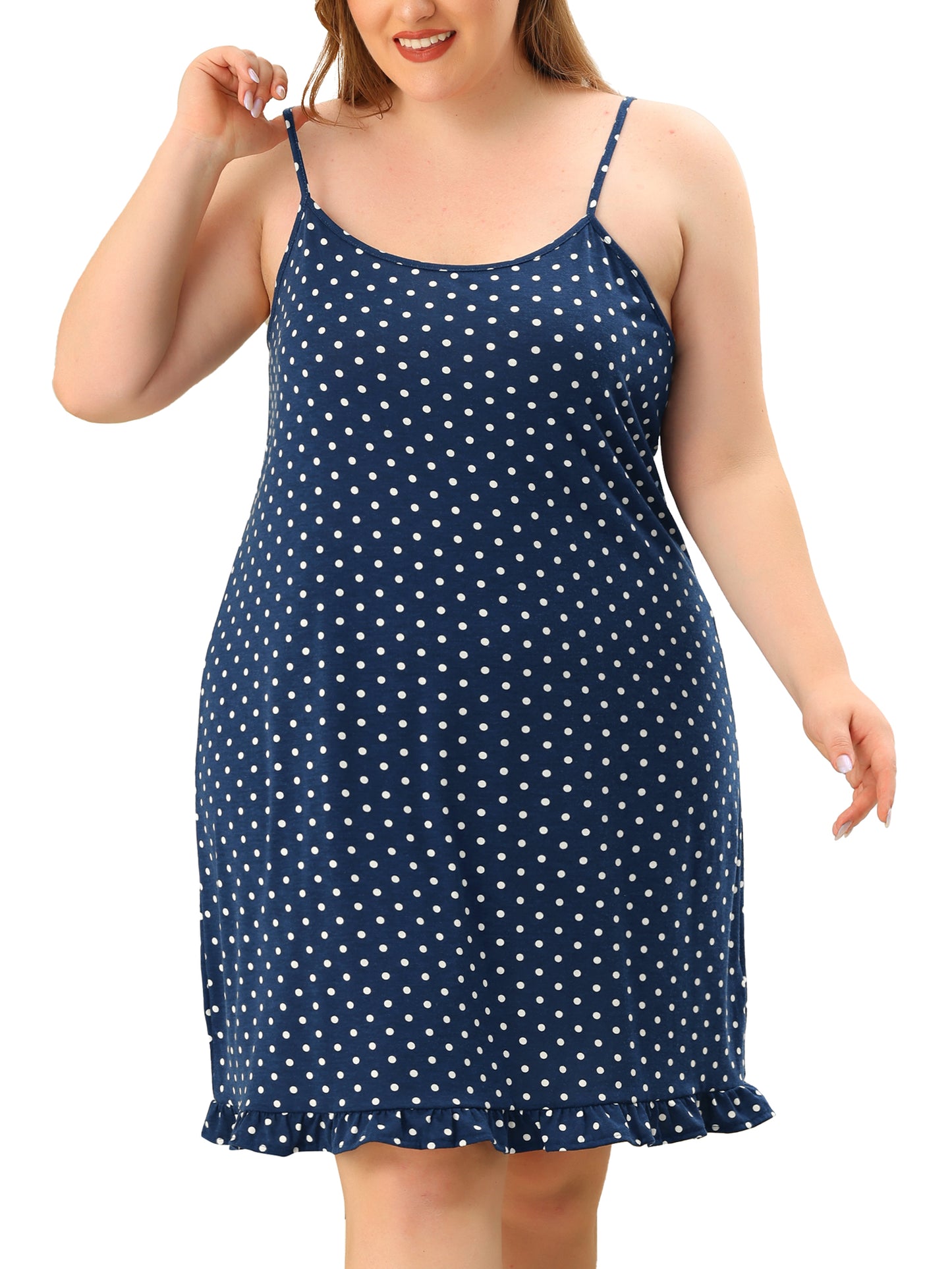 Camisón de talla grande para mujer, sin mangas, con lunares y dobladillo con volantes