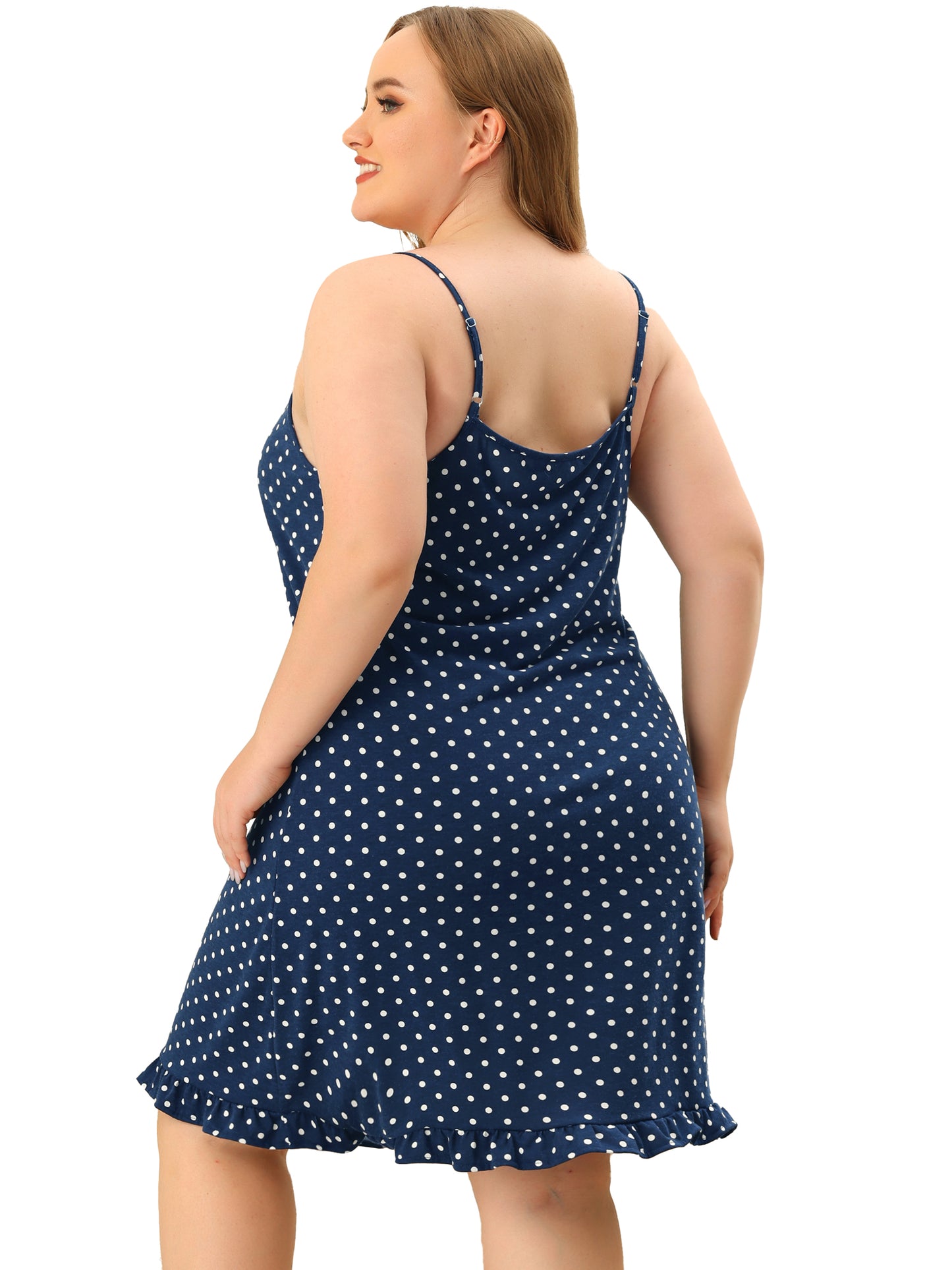 Camisón de talla grande para mujer, sin mangas, con lunares y dobladillo con volantes