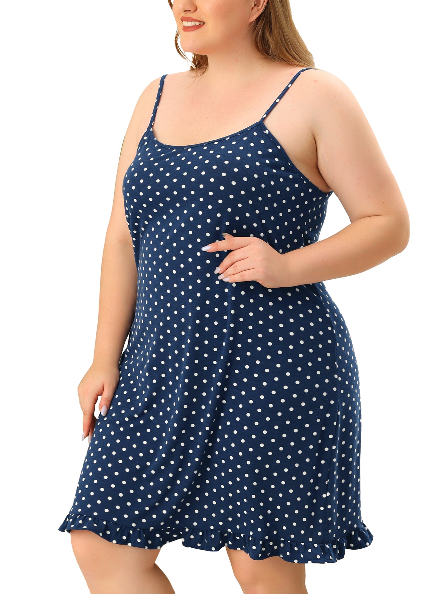 Camisón de talla grande para mujer, sin mangas, con lunares y dobladillo con volantes