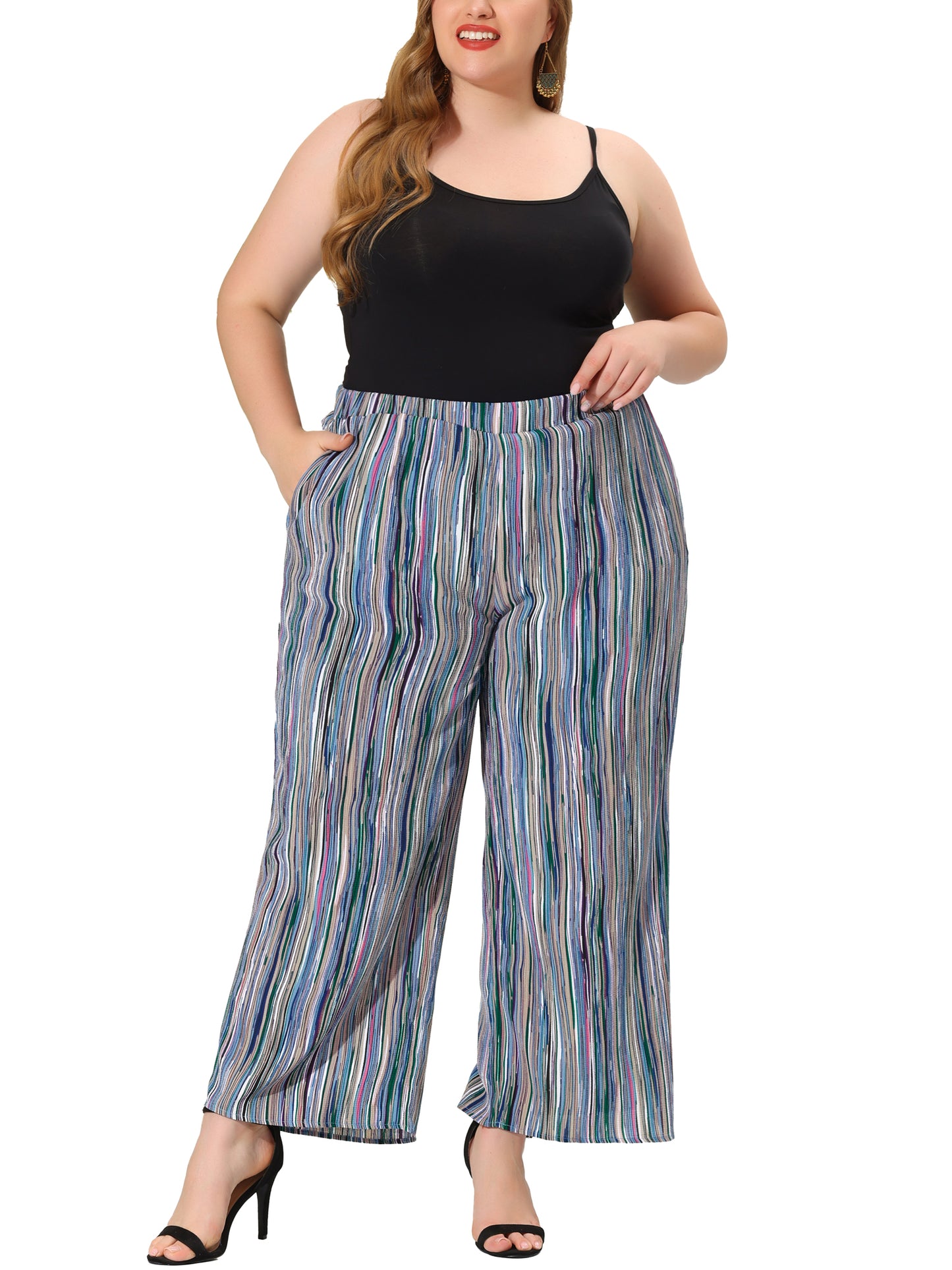 Women Plus Size Palazzo Pants Stripe Boho Wide Leg Paper Bag Pants Beach Casual Summer