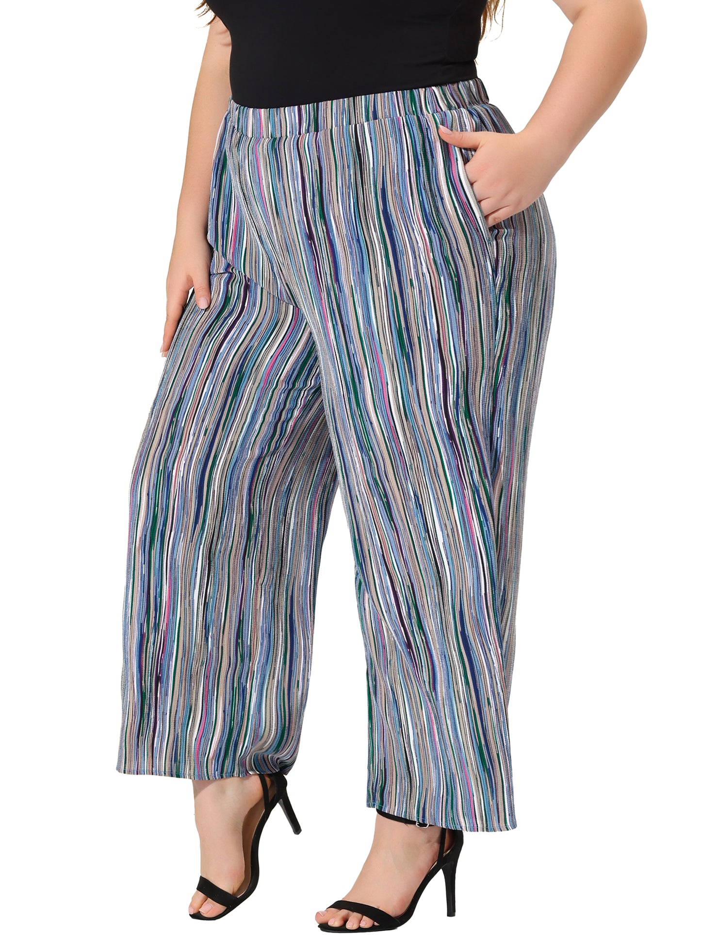 Women Plus Size Palazzo Pants Stripe Boho Wide Leg Paper Bag Pants Beach Casual Summer