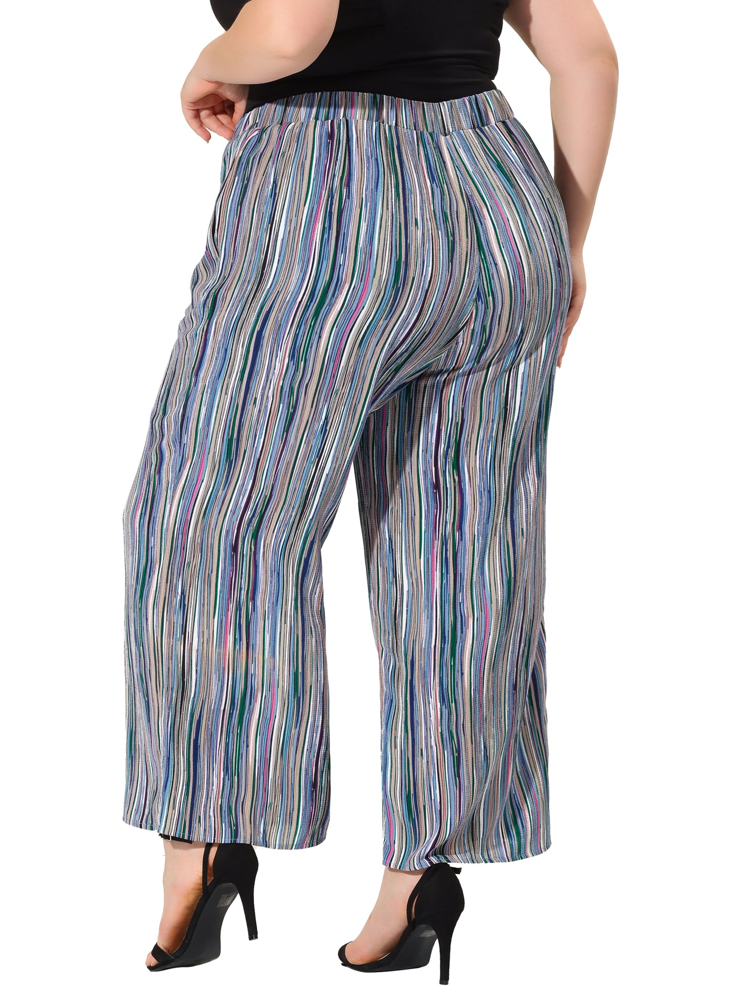 Women Plus Size Palazzo Pants Stripe Boho Wide Leg Paper Bag Pants Beach Casual Summer