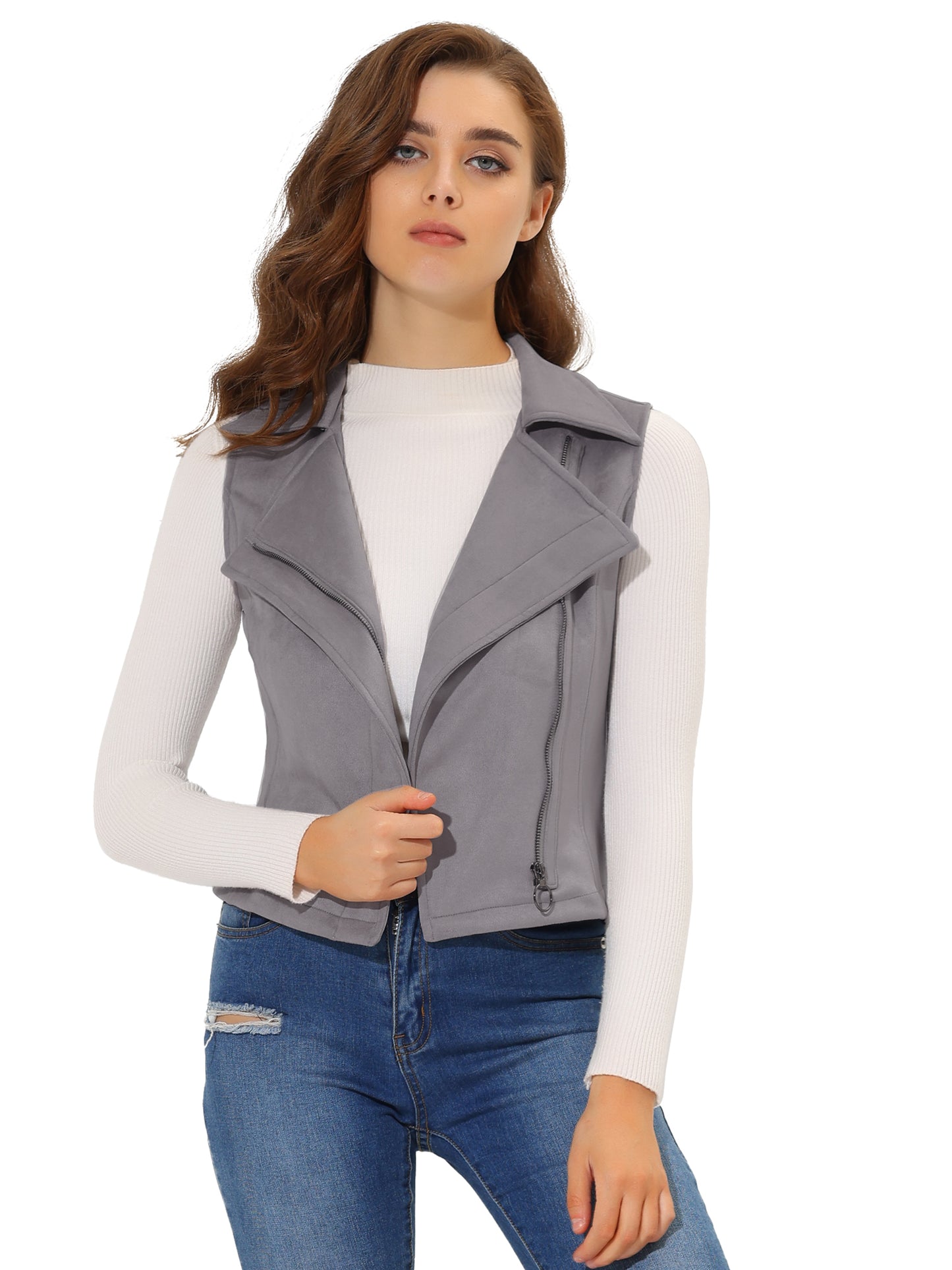 Women's Faux Suede Vest Casual Sleeveless Biker Jacket