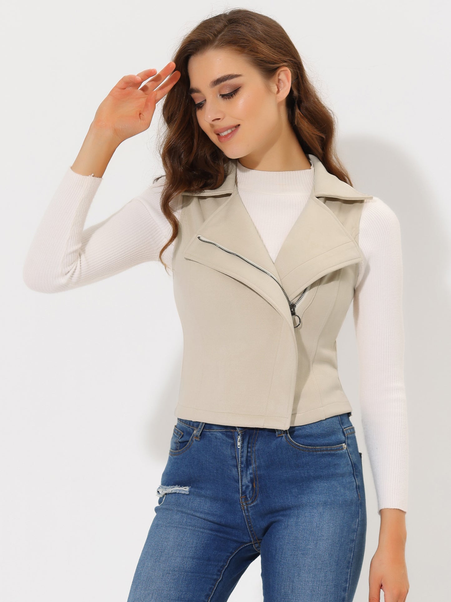 Women's Faux Suede Vest Casual Sleeveless Biker Jacket