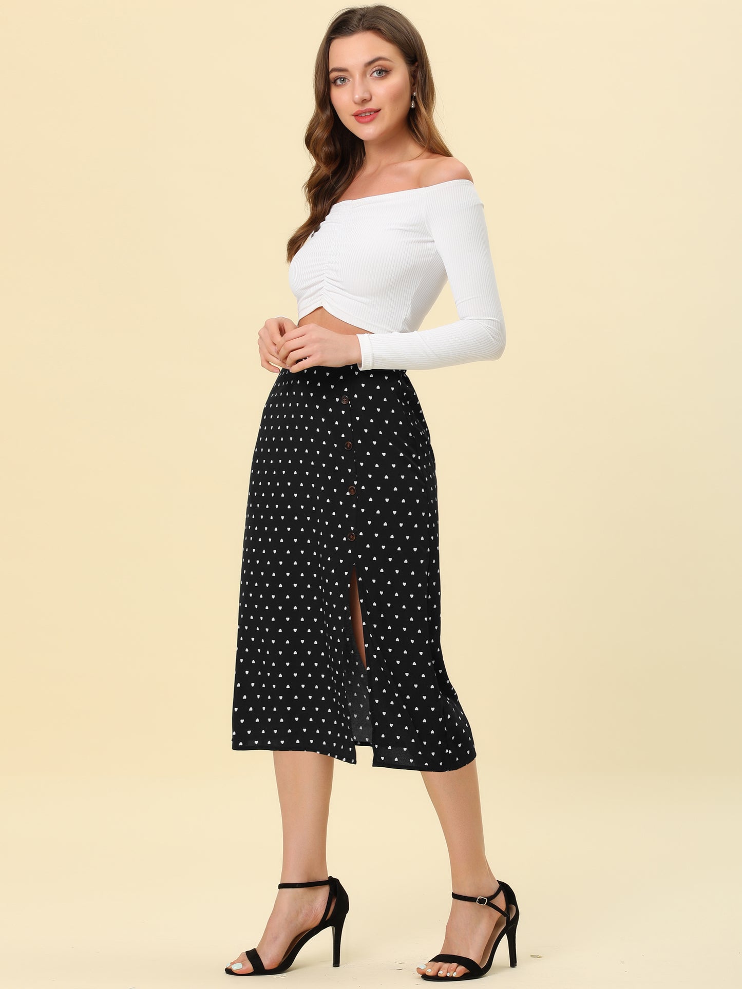 Falda tubo midi con abertura y estampado de corazones y botones para mujer