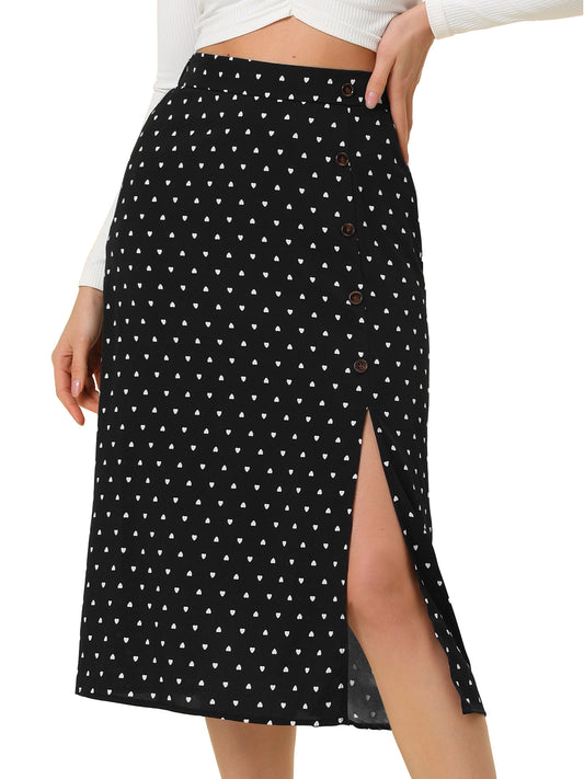 Falda tubo midi con abertura y estampado de corazones y botones para mujer
