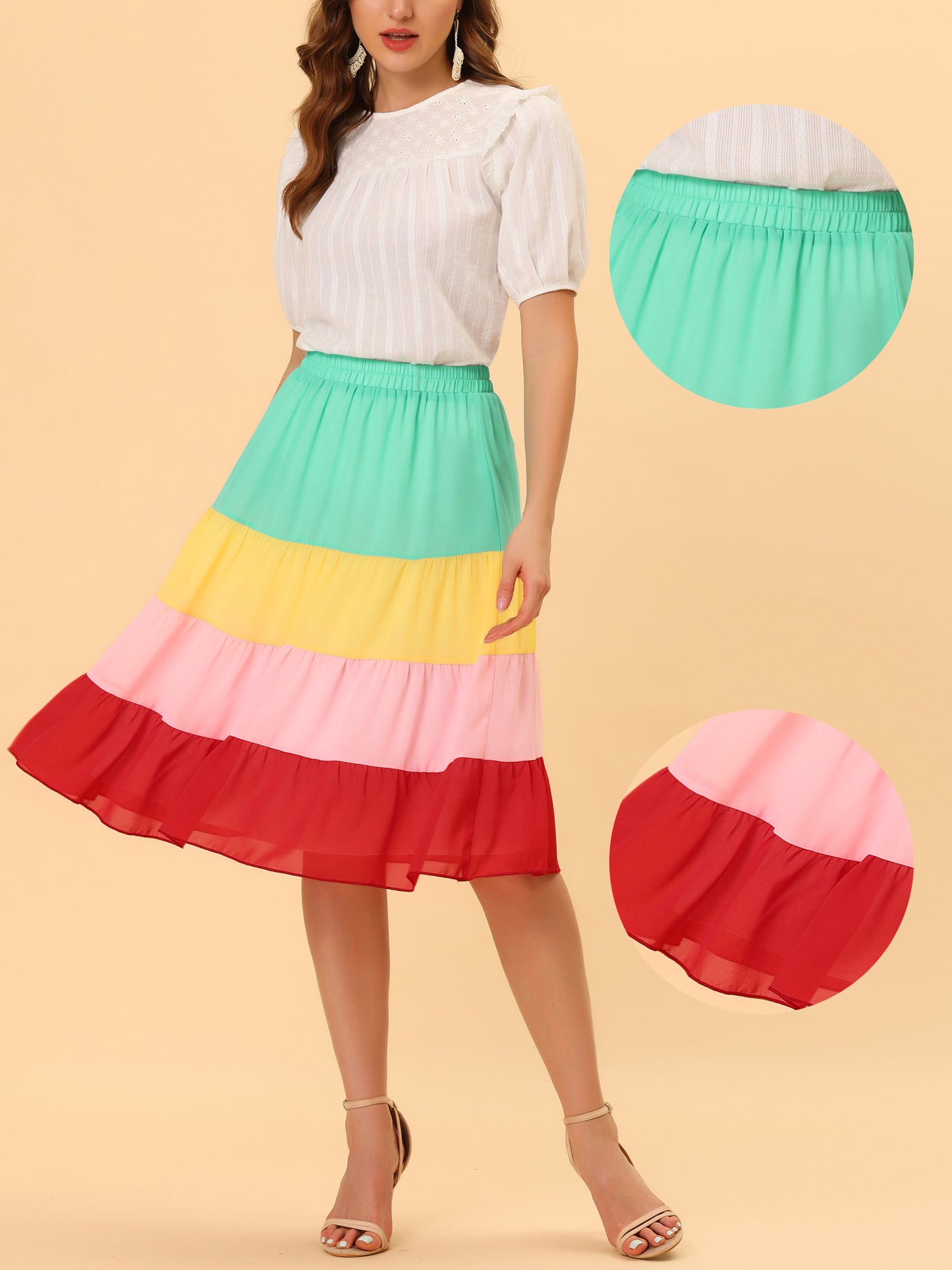 Falda de gasa con bloques de color y cintura alta en capas para mujer