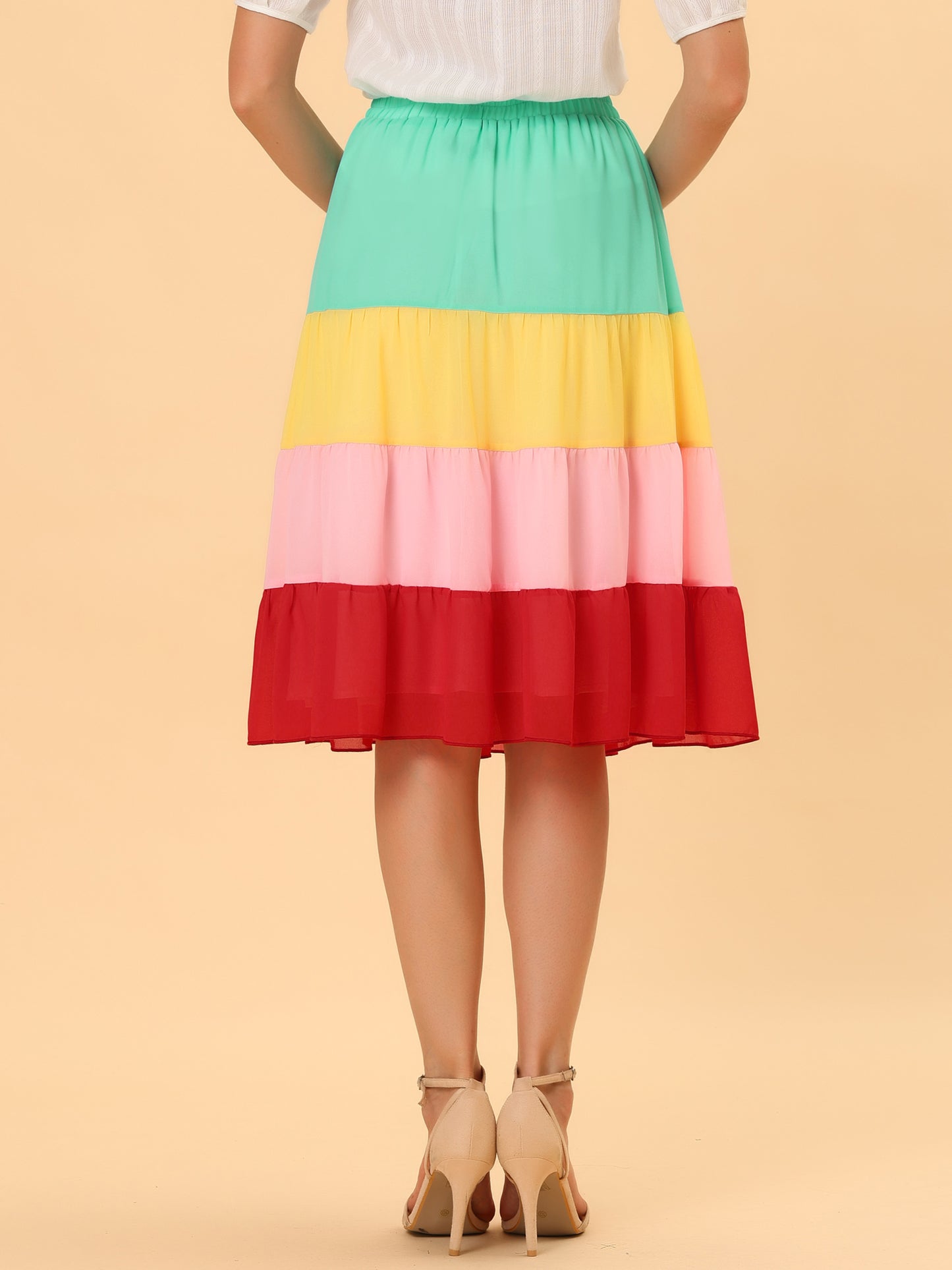 Falda de gasa con bloques de color y cintura alta en capas para mujer