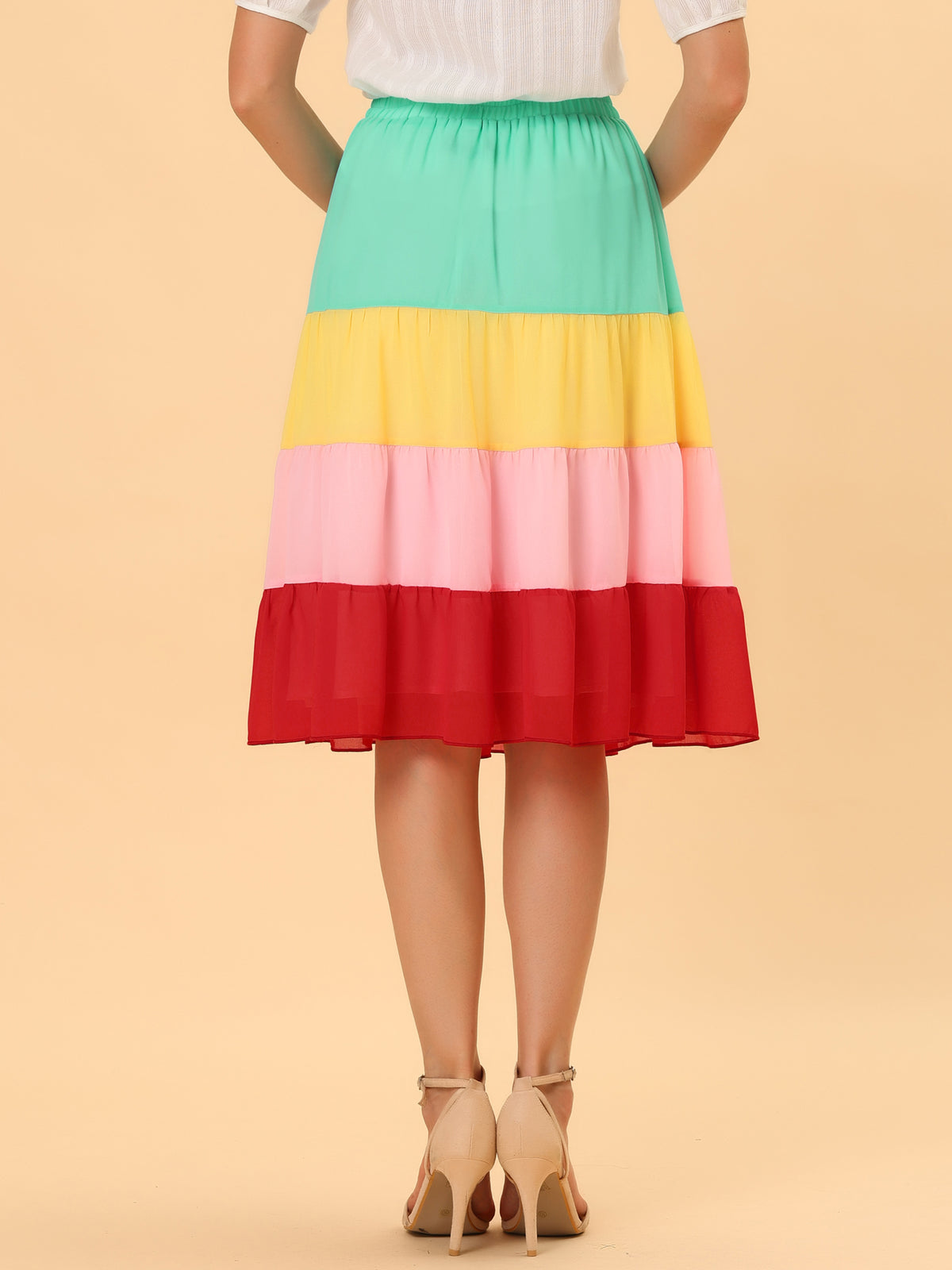Women's Tiered Skirt High Waist Contrast Chiffon Color Block Skirt