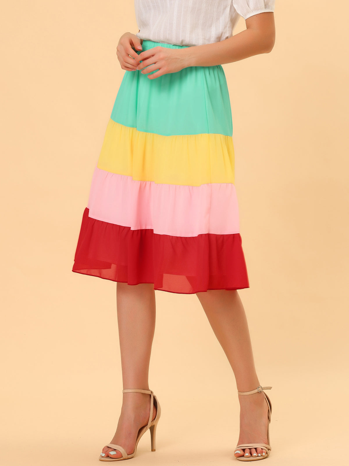 Women's Tiered Skirt High Waist Contrast Chiffon Color Block Skirt