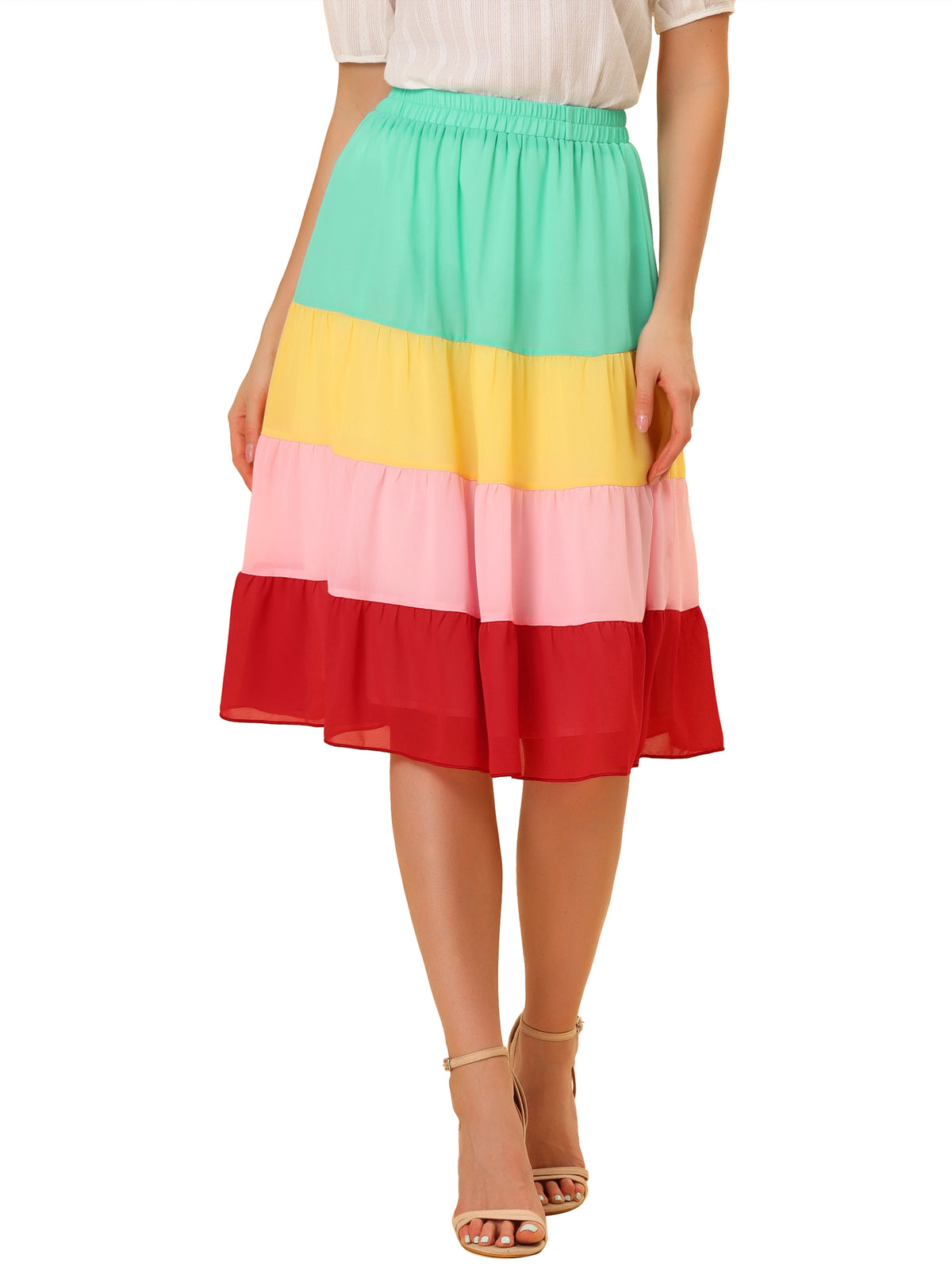 Women's Tiered Skirt High Waist Contrast Chiffon Color Block Skirt
