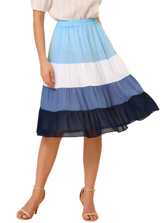 Women's Tiered Skirt High Waist Contrast Chiffon Color Block Skirt