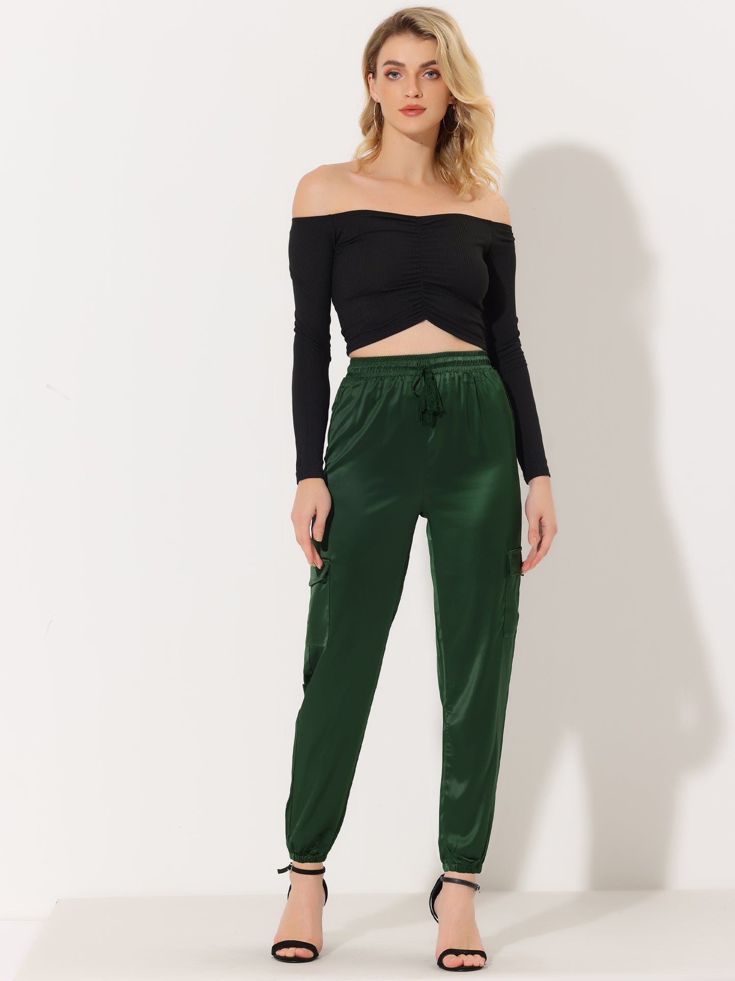 Women's Satin Joggers Drawstring Elastic Athleisure Pants High Waist Shiny Silky Satin Cargo Pants