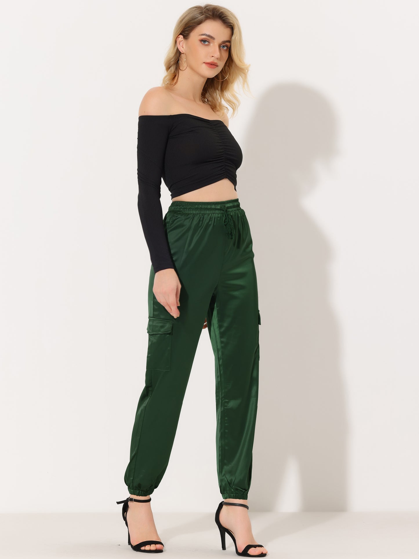 Women's Satin Joggers Drawstring Elastic Athleisure Pants High Waist Shiny Silky Satin Cargo Pants