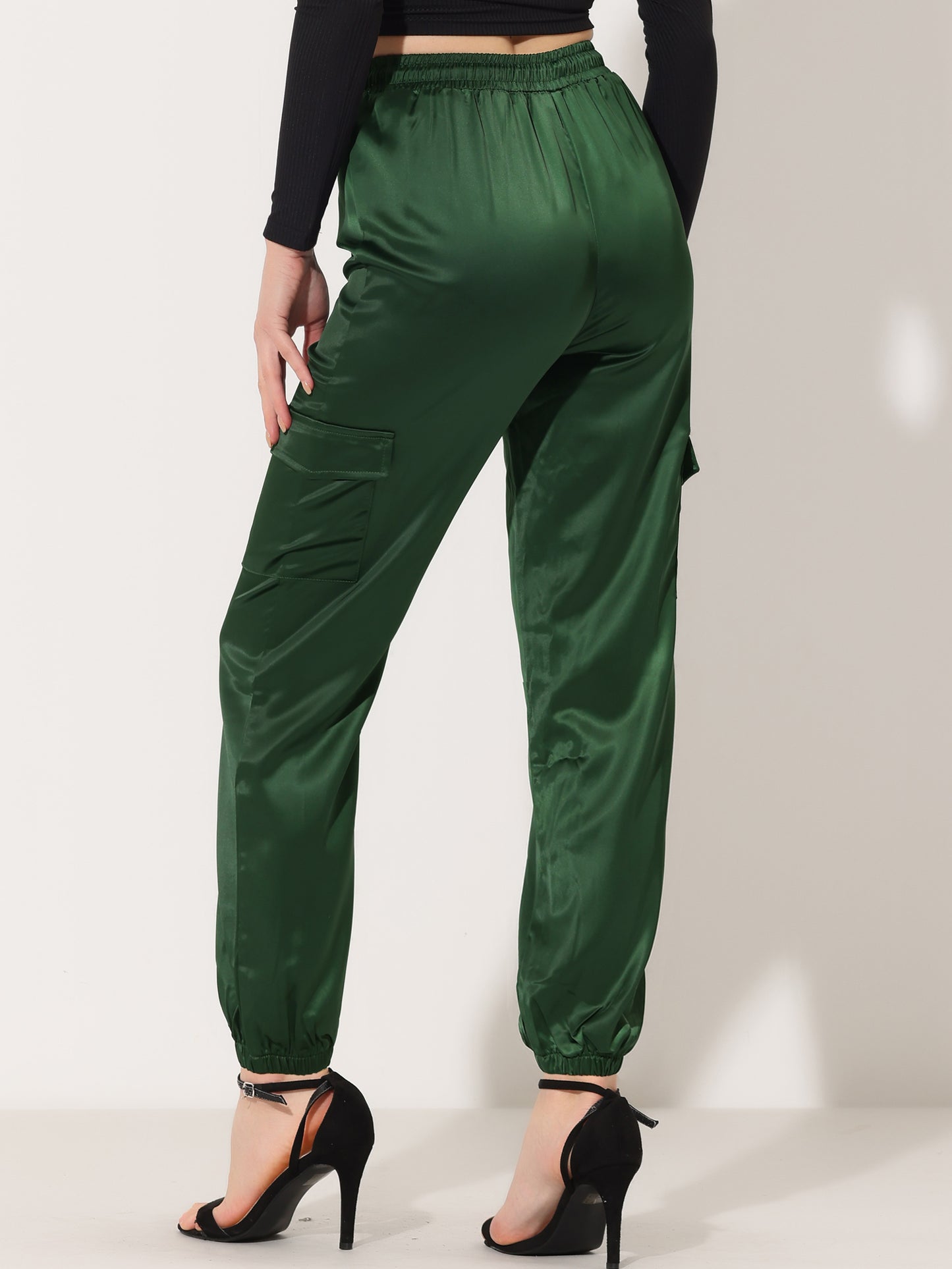 Women's Satin Joggers Drawstring Elastic Athleisure Pants High Waist Shiny Silky Satin Cargo Pants