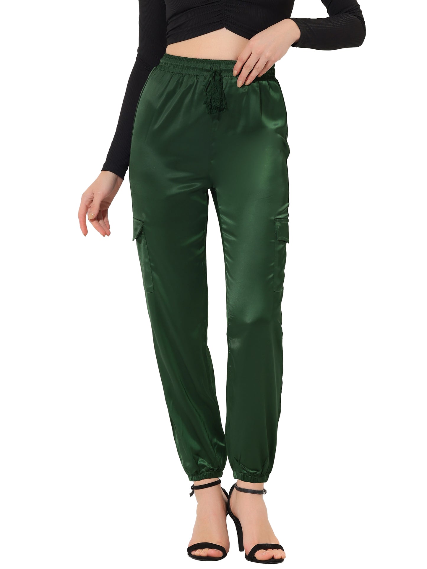 Women's Satin Joggers Drawstring Elastic Athleisure Pants High Waist Shiny Silky Satin Cargo Pants