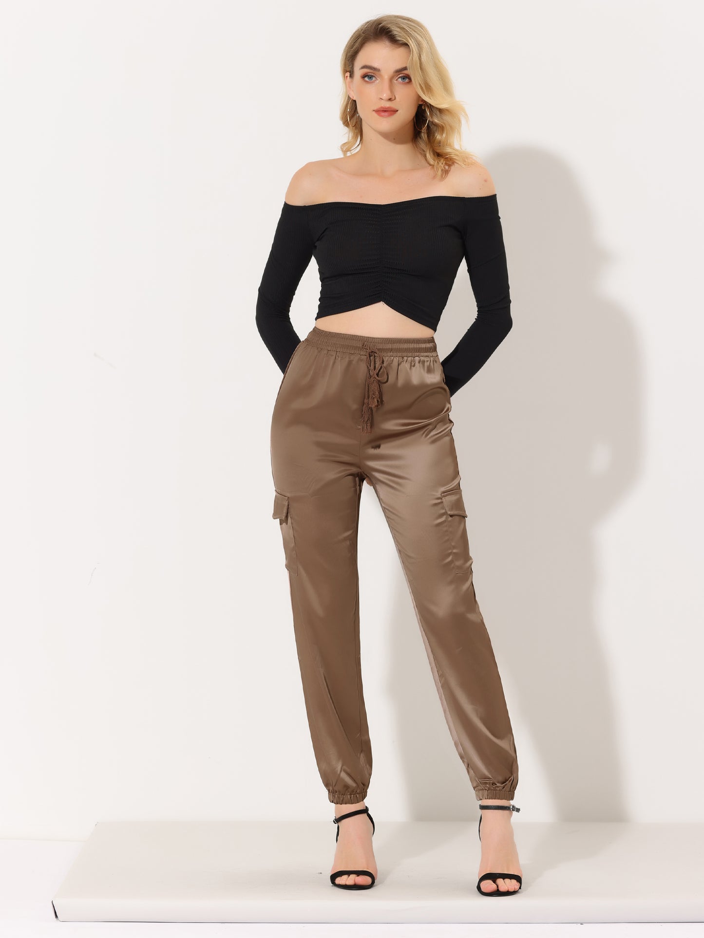 Women's Satin Joggers Drawstring Elastic Athleisure Pants High Waist Shiny Silky Satin Cargo Pants