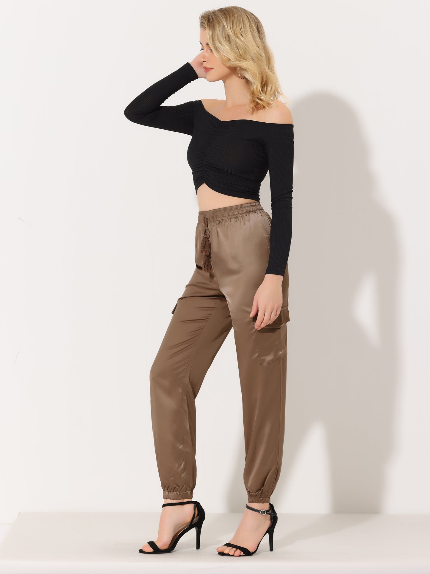 Women's Satin Joggers Drawstring Elastic Athleisure Pants High Waist Shiny Silky Satin Cargo Pants